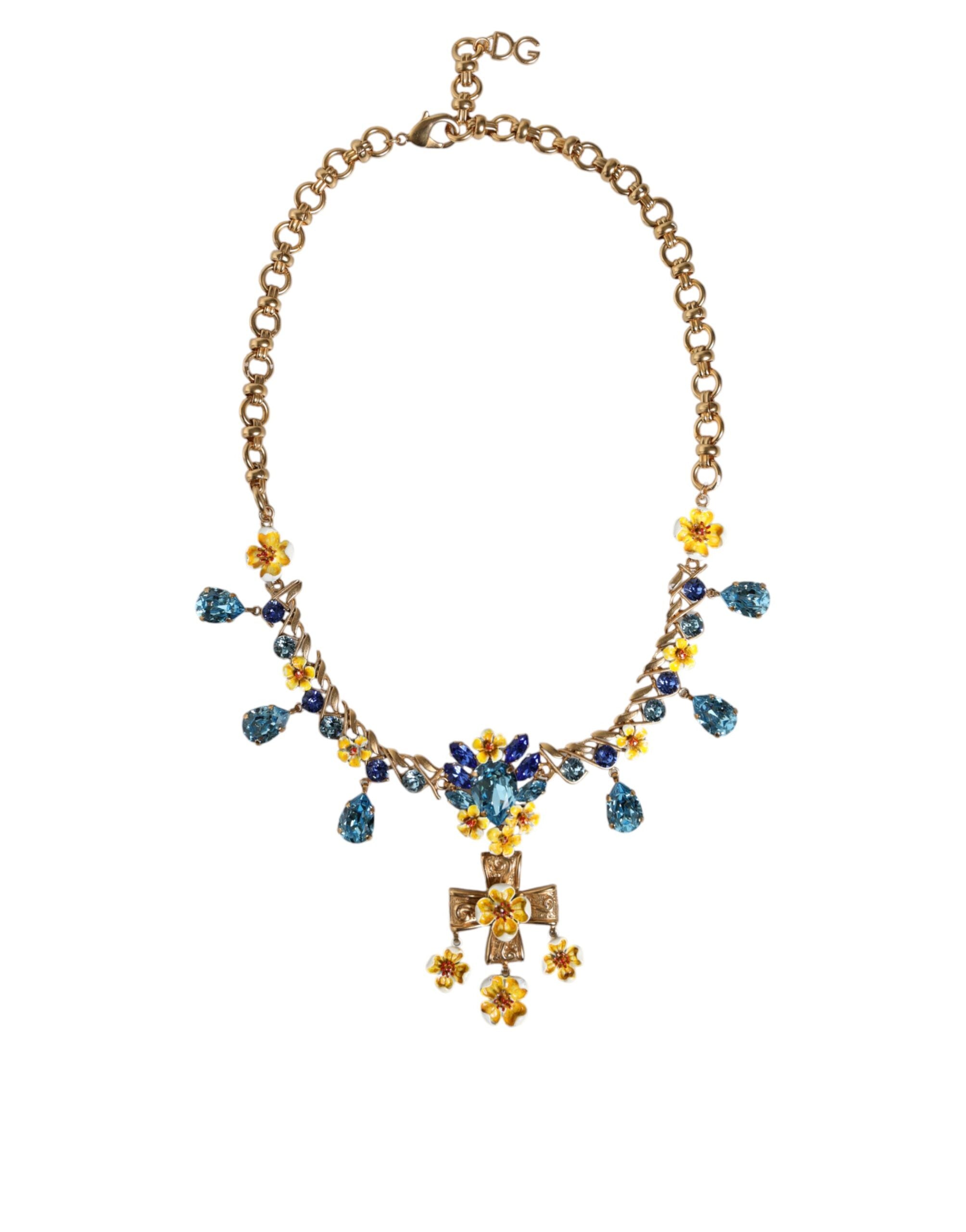 Dolce & Gabbana Brass Chain Floral Crystal Cross Pendant Gold Necklace
