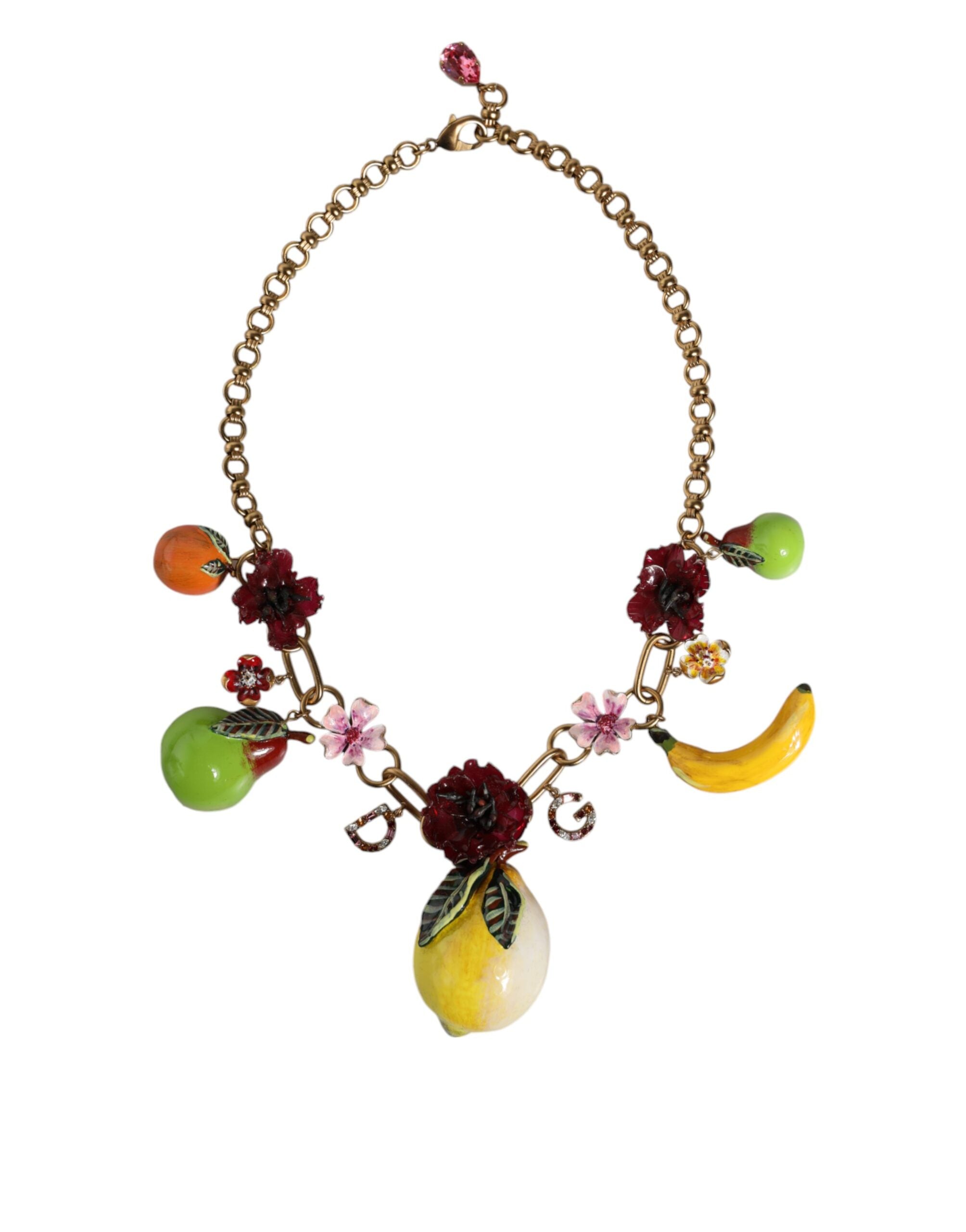 Dolce & Gabbana Brass Fruit Pendants Flowers Crystal Logo Gold Necklace