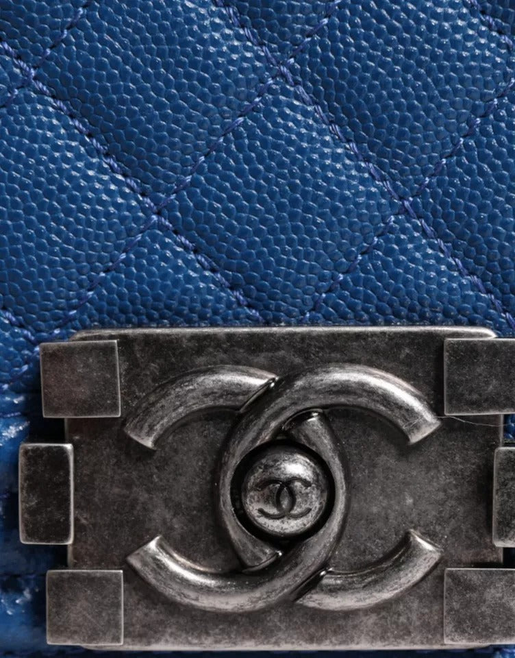 Chanel Lambskin Double Chain Leather Medium Shoulder Blue Bag