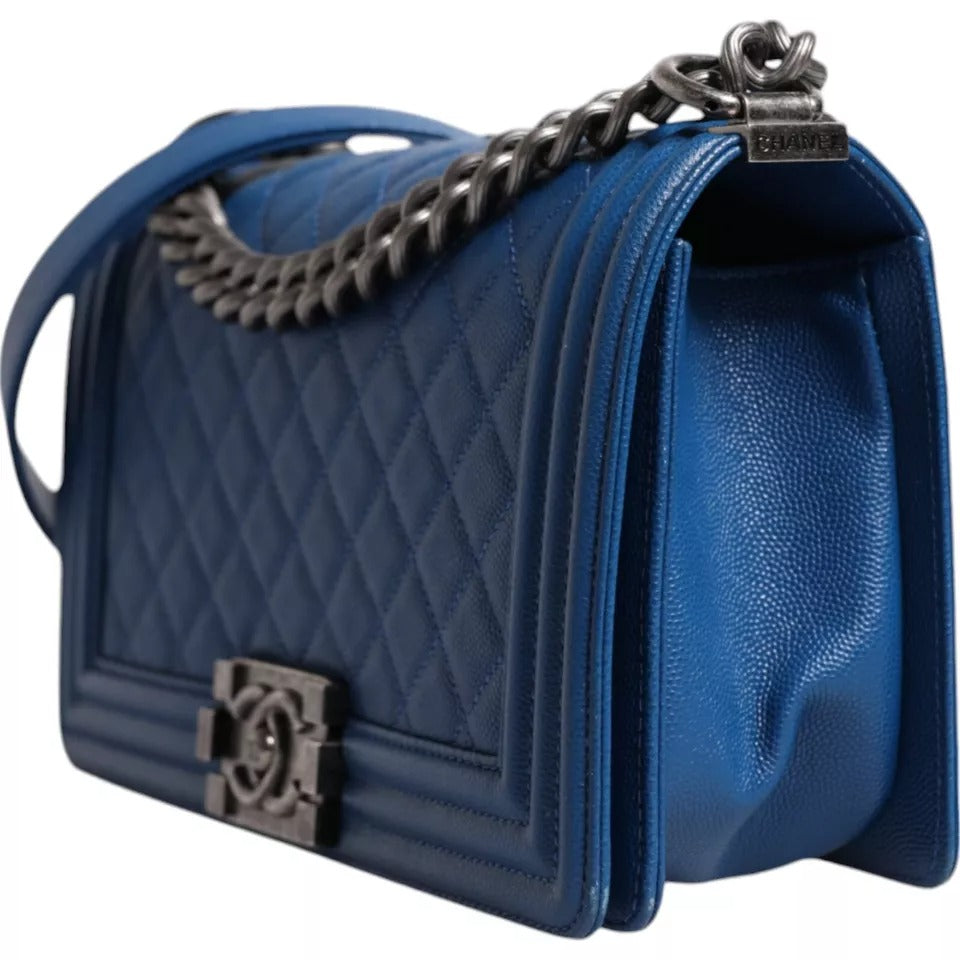Chanel Lambskin Double Chain Leather Medium Shoulder Blue Bag