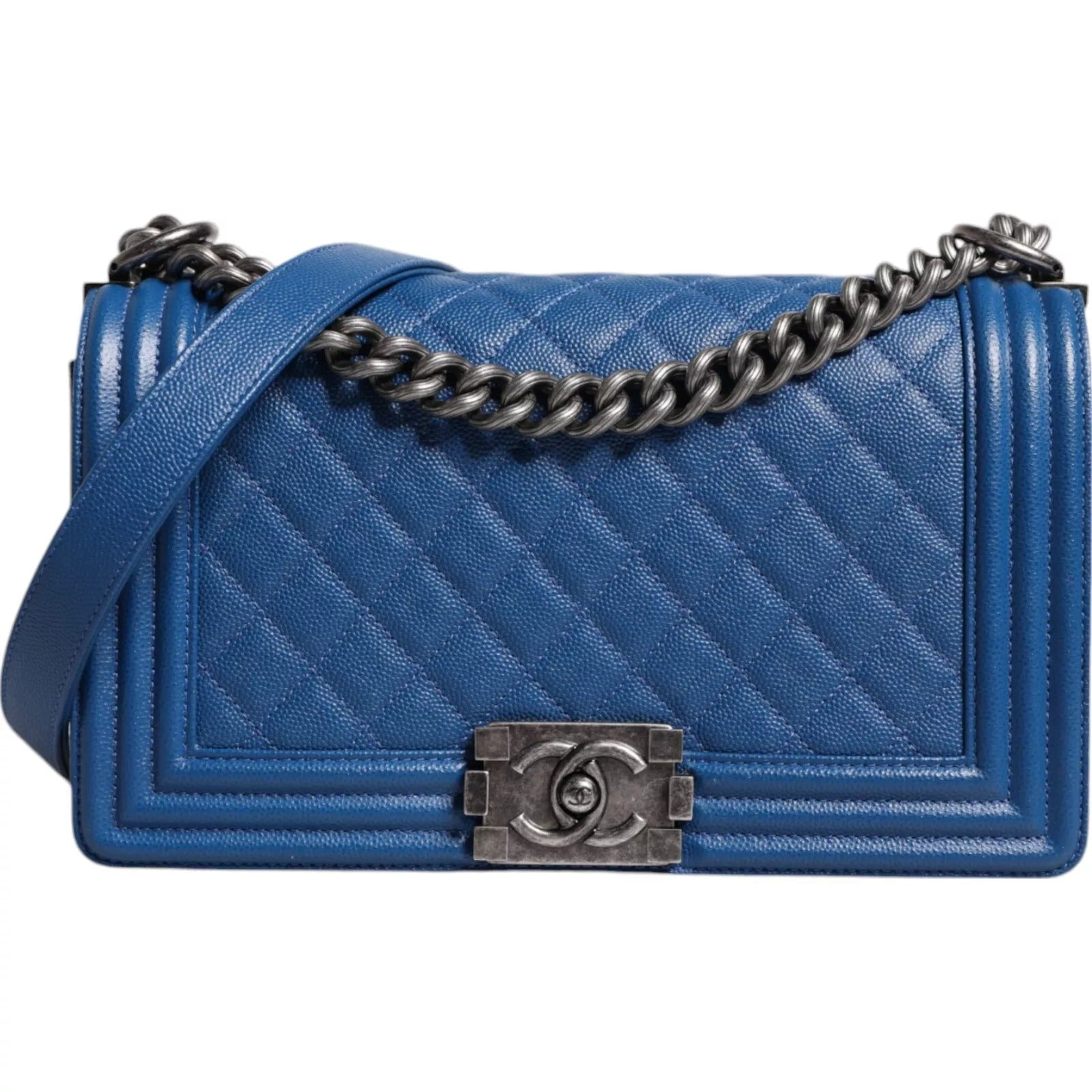 Chanel Lambskin Double Chain Leather Medium Shoulder Blue Bag