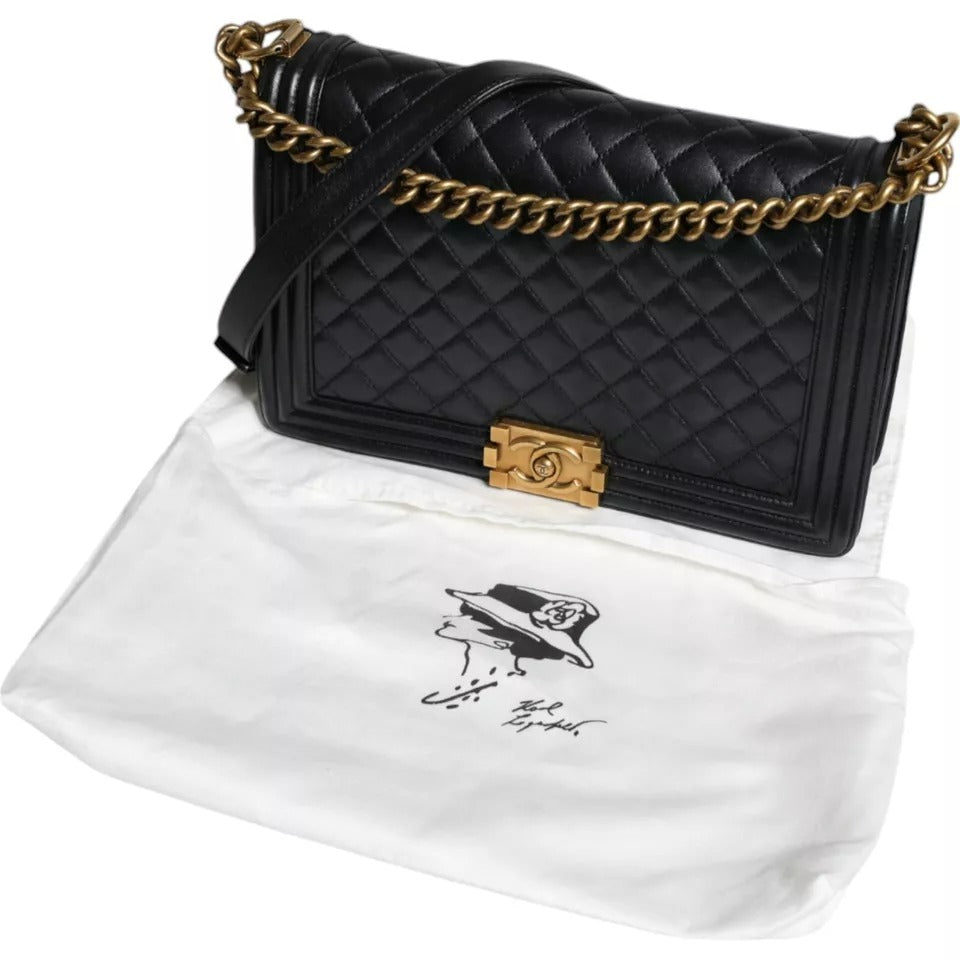 Chanel Large Lambskin Double Chain Leather Shoulder Black Gold Bag