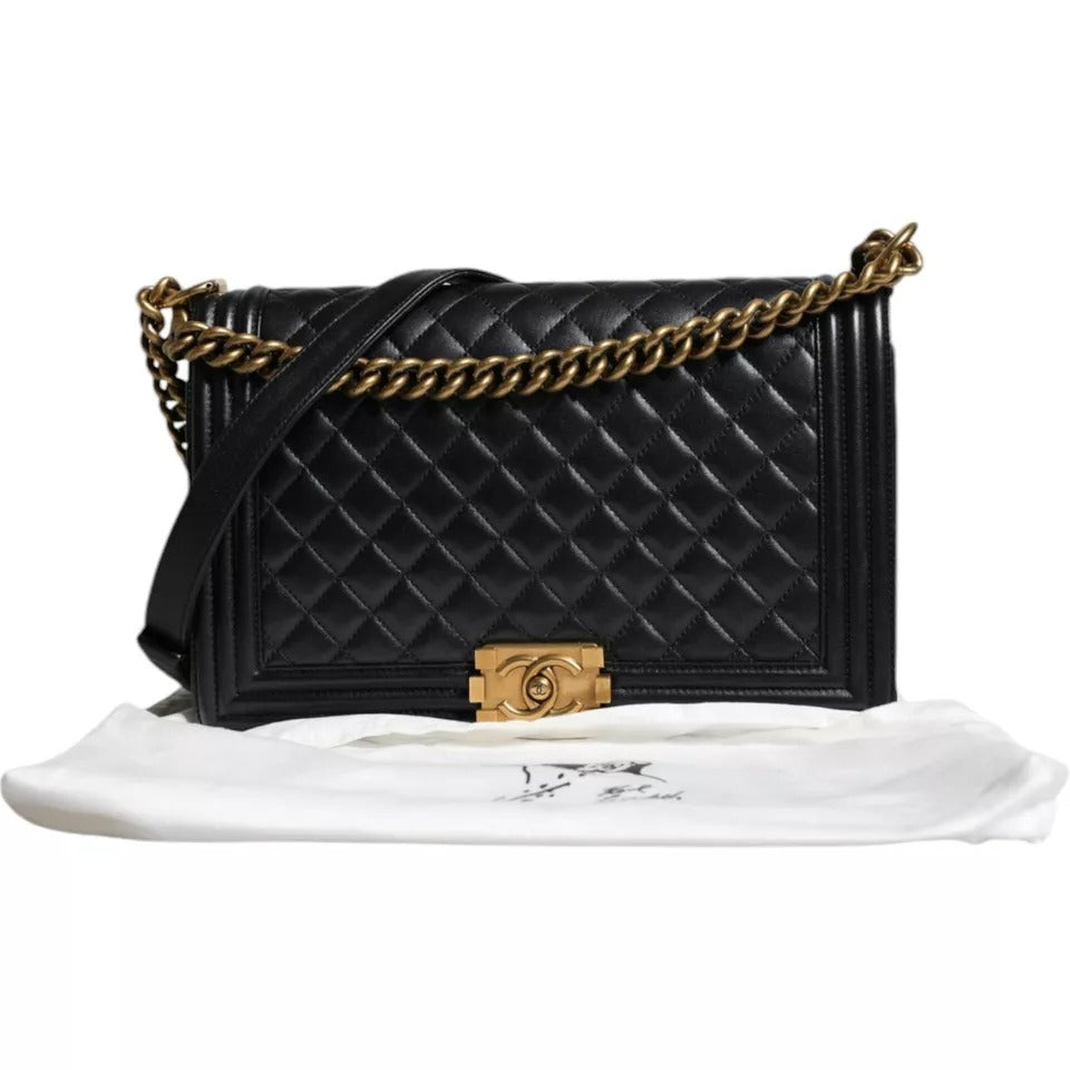 Chanel Large Lambskin Double Chain Leather Shoulder Black Gold Bag