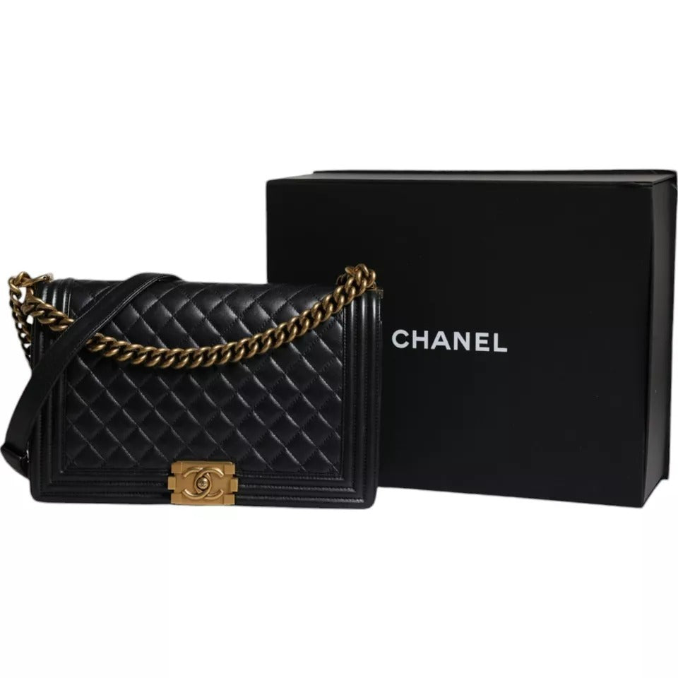 Chanel Large Lambskin Double Chain Leather Shoulder Black Gold Bag