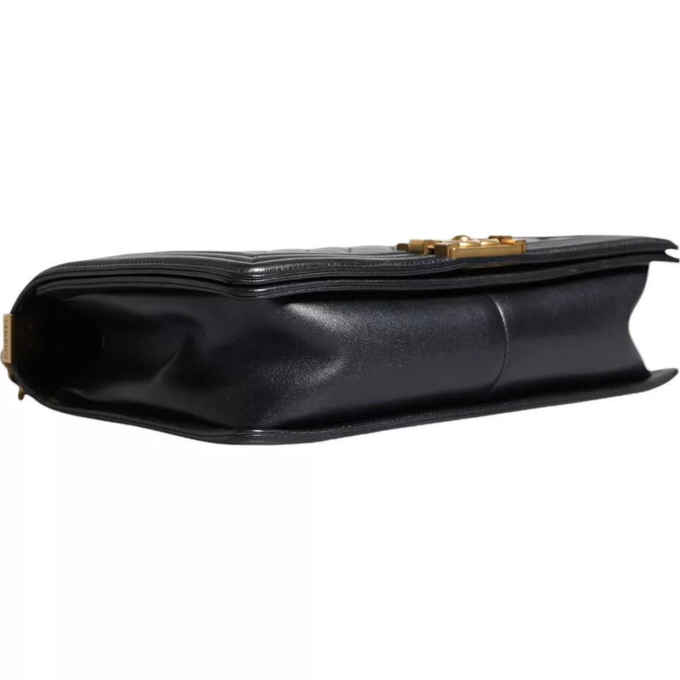 Chanel Large Lambskin Double Chain Leather Shoulder Black Gold Bag