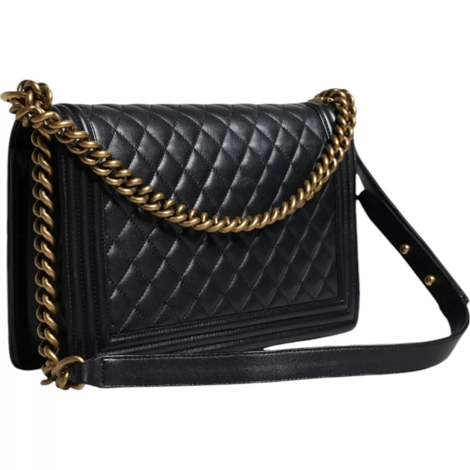 Chanel Large Lambskin Double Chain Leather Shoulder Black Gold Bag