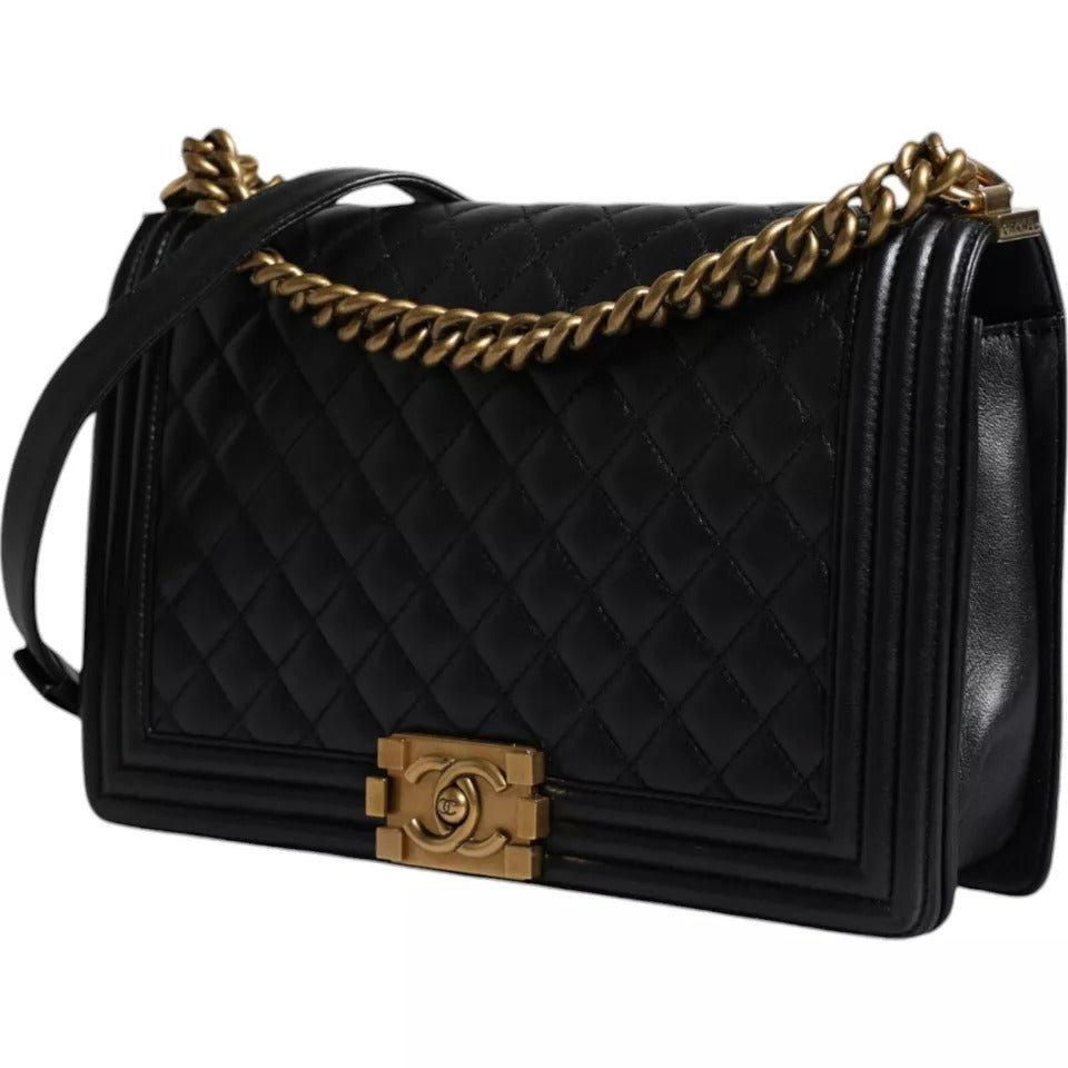 Chanel Large Lambskin Double Chain Leather Shoulder Black Gold Bag