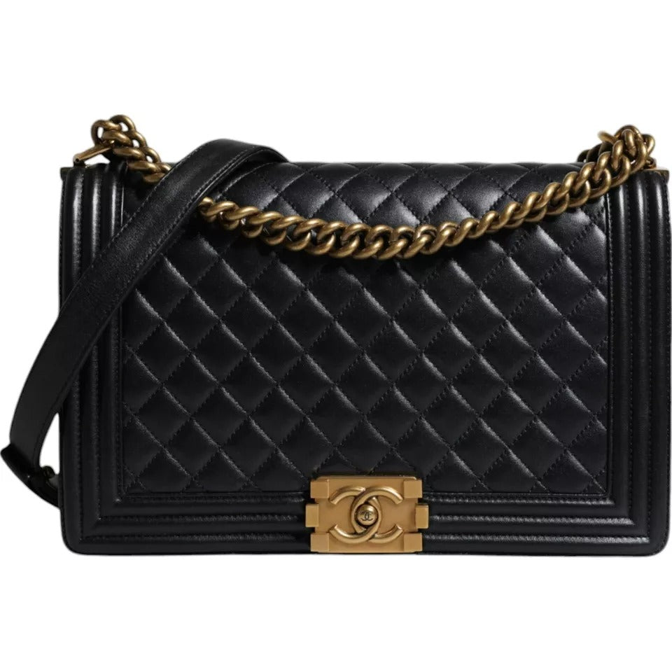 Chanel Large Lambskin Double Chain Leather Shoulder Black Gold Bag