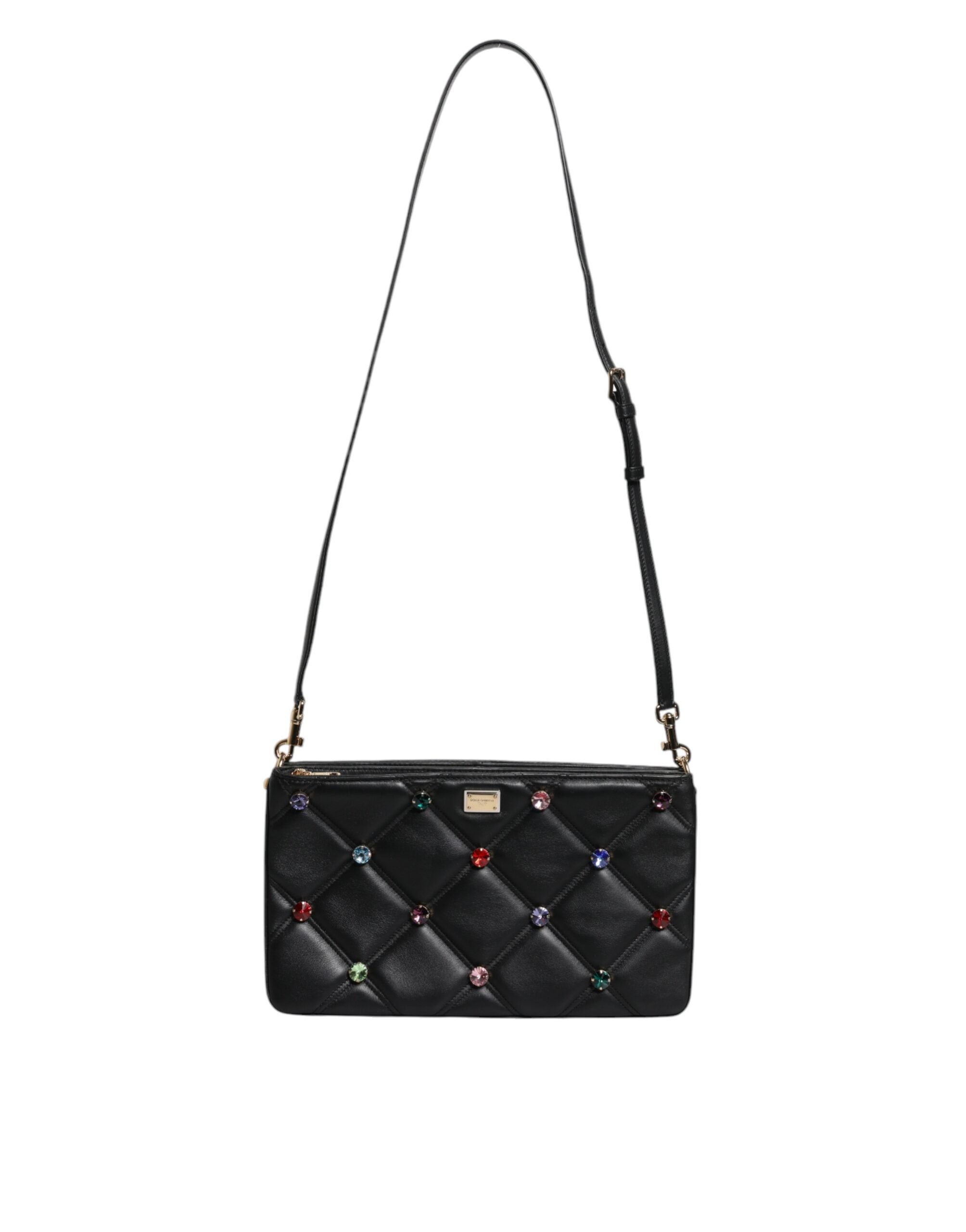 Dolce & Gabbana Leather Crystal Embellished Logo Shoulder Black Bag