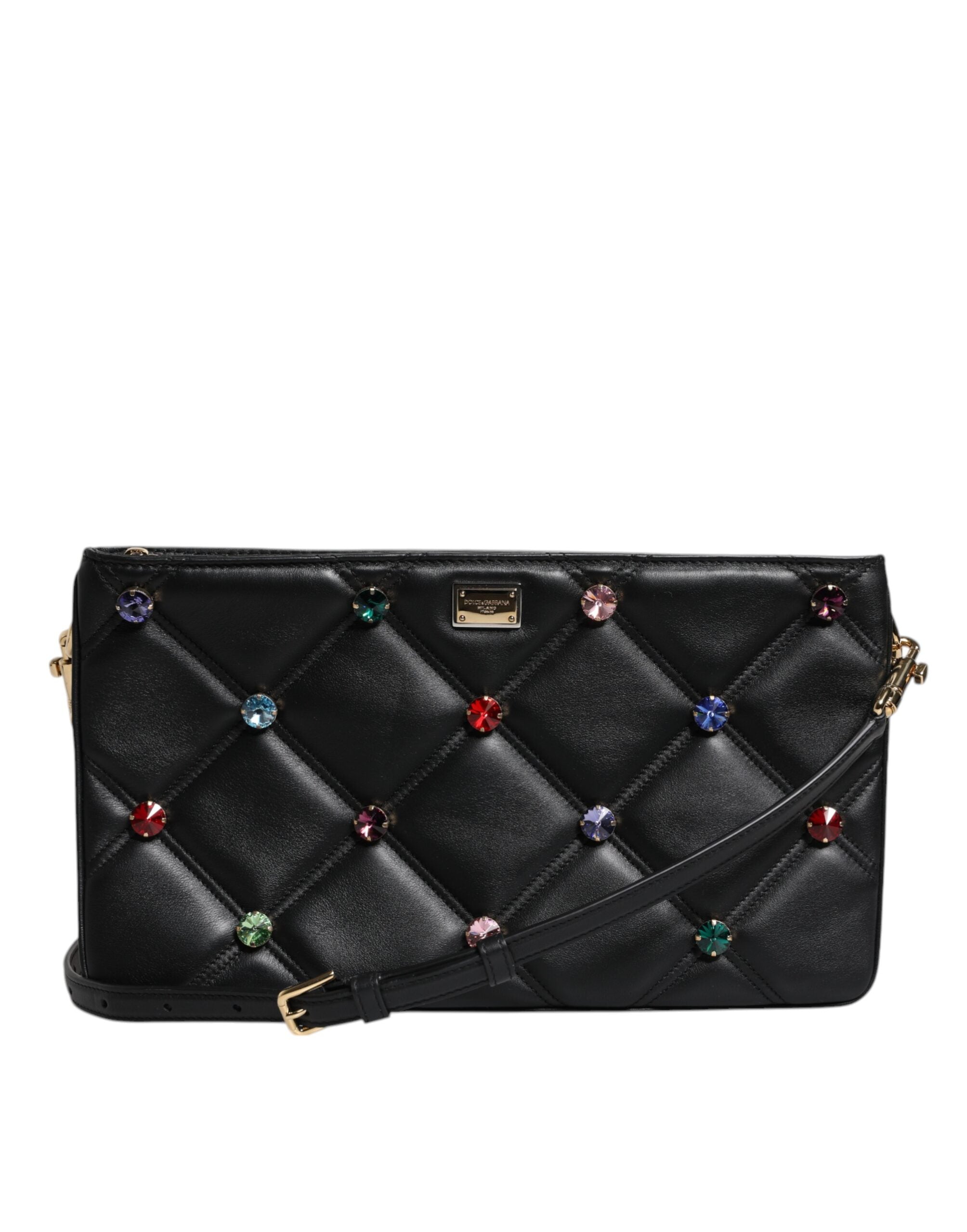 Dolce & Gabbana Leather Crystal Embellished Logo Shoulder Black Bag