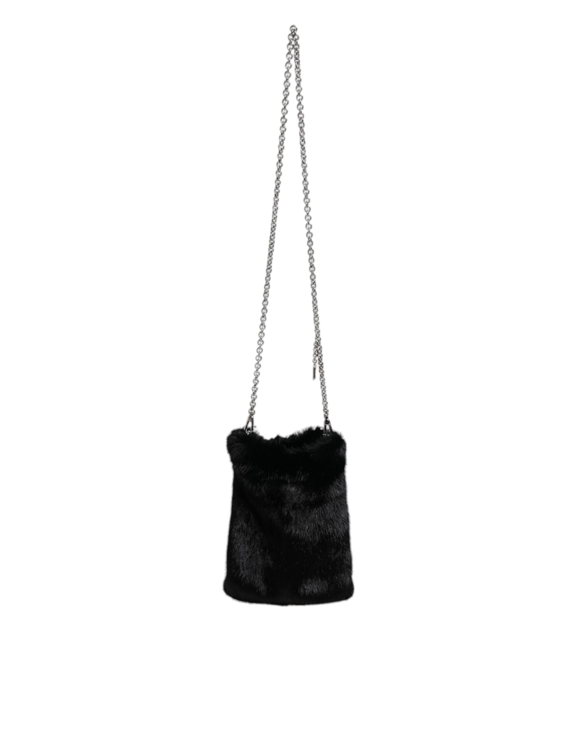 Dolce & Gabbana Faux Fur Chain Crossbody Shoulder Purse Black Silver Bag