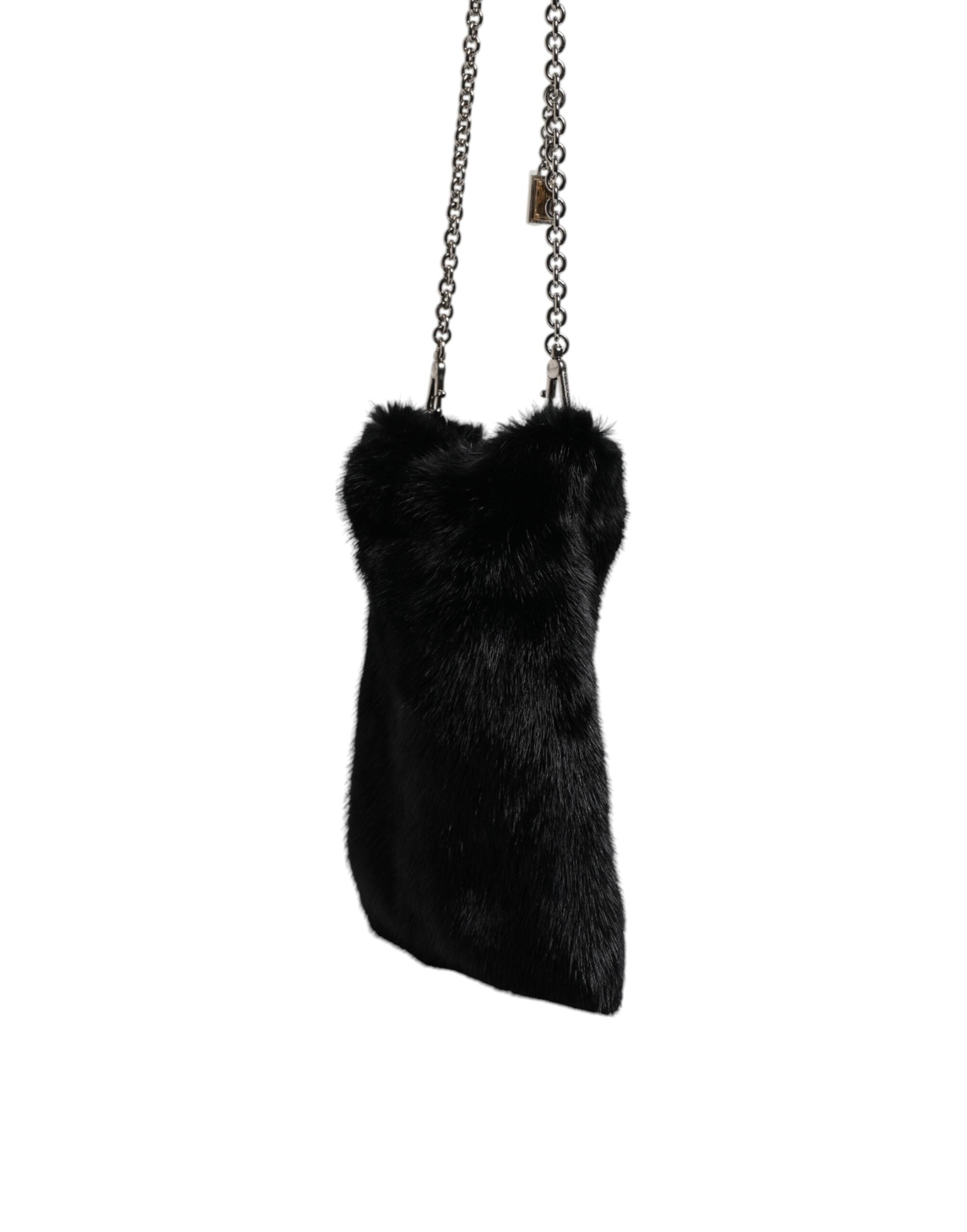Dolce & Gabbana Faux Fur Chain Crossbody Shoulder Purse Black Silver Bag