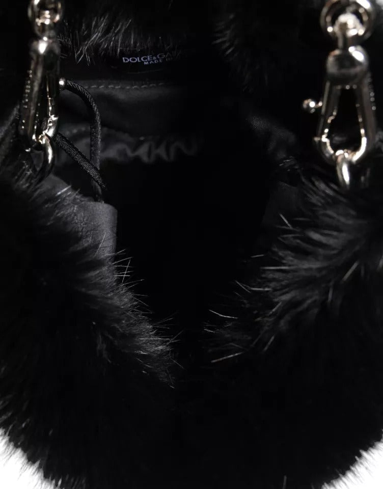 Dolce & Gabbana Faux Fur Chain Crossbody Shoulder Purse Black Silver Bag