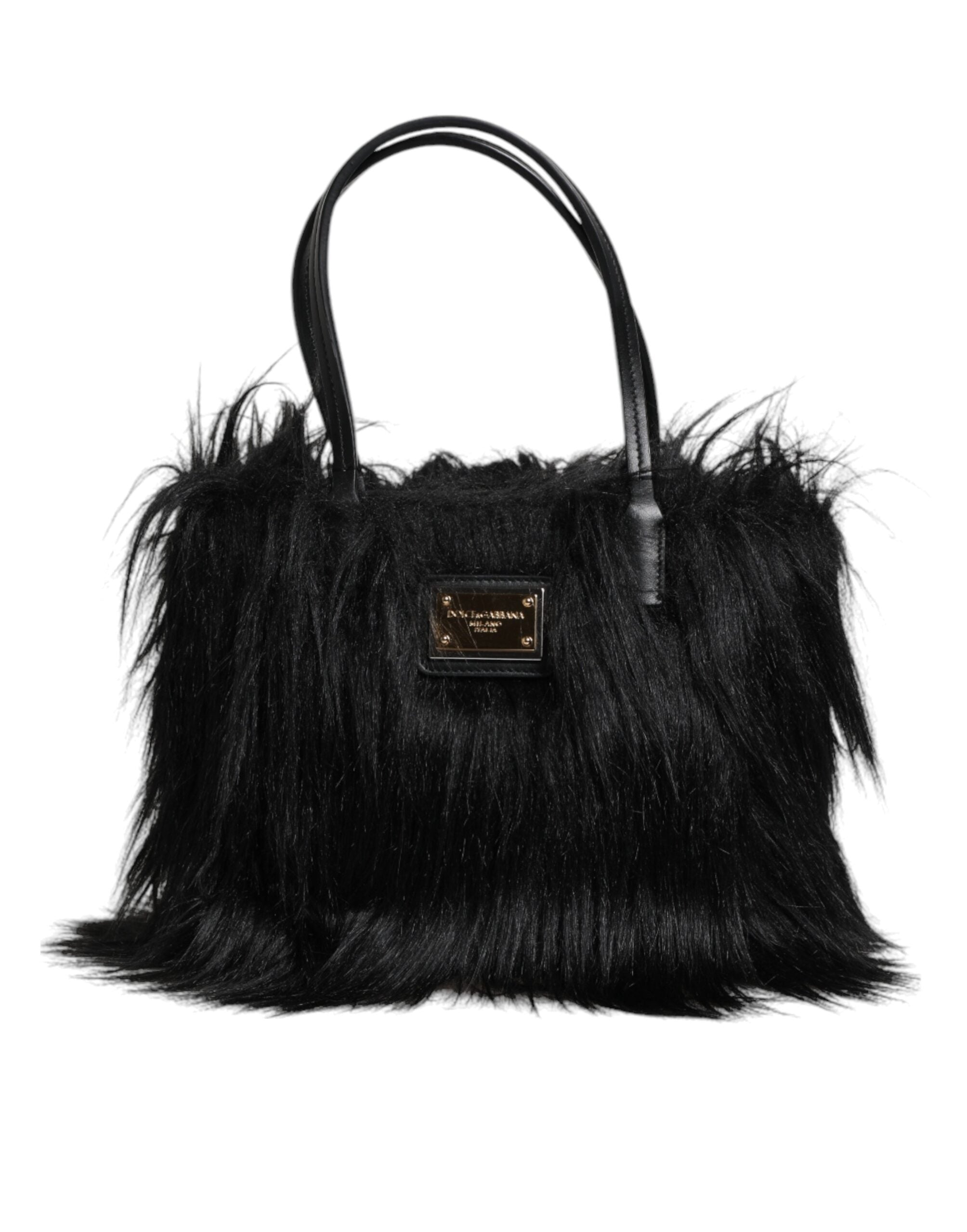 Dolce & Gabbana Fur Logo Plaque Double Handle Shoulder Black Bag