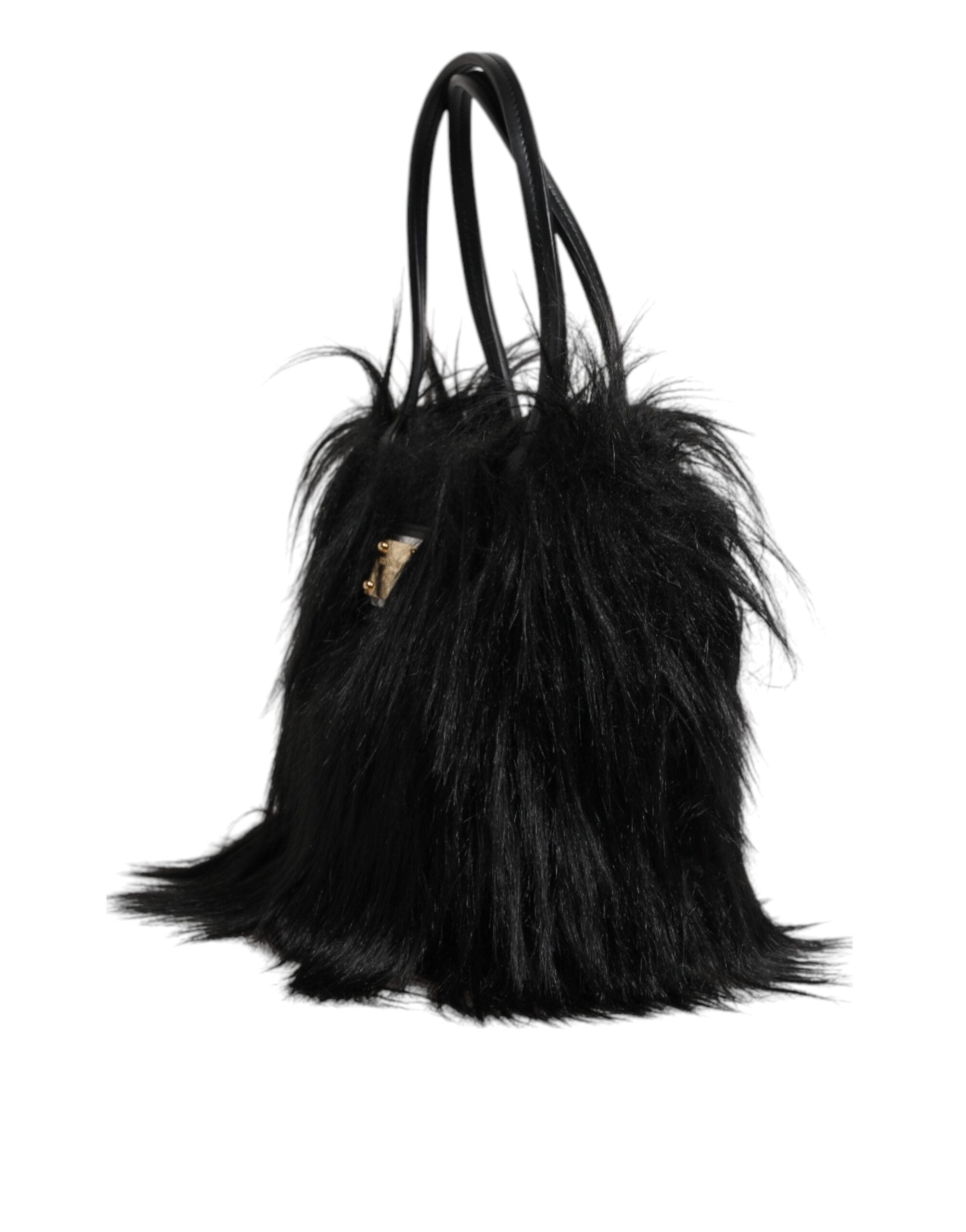 Dolce & Gabbana Fur Logo Plaque Double Handle Shoulder Black Bag