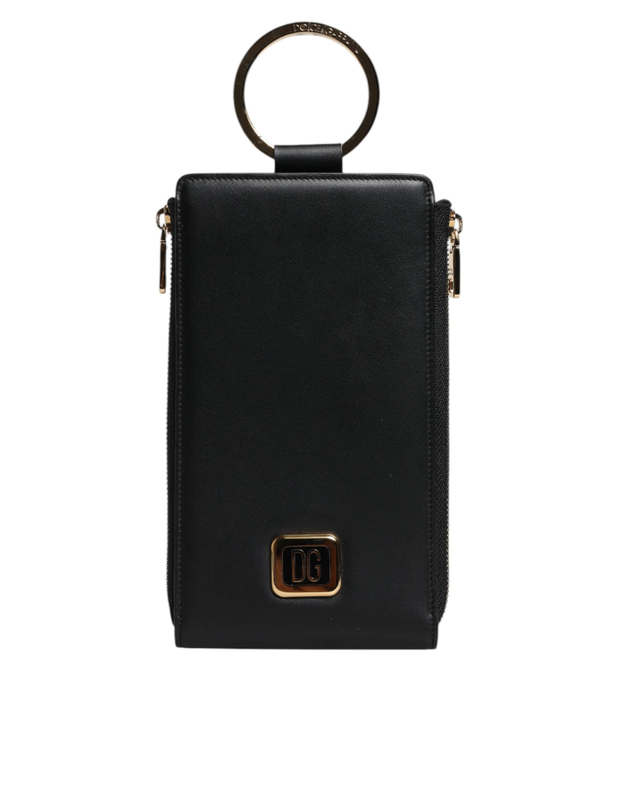Dolce & Gabbana Leather Logo Plaque Neck Strap Card Coin Black Wallet