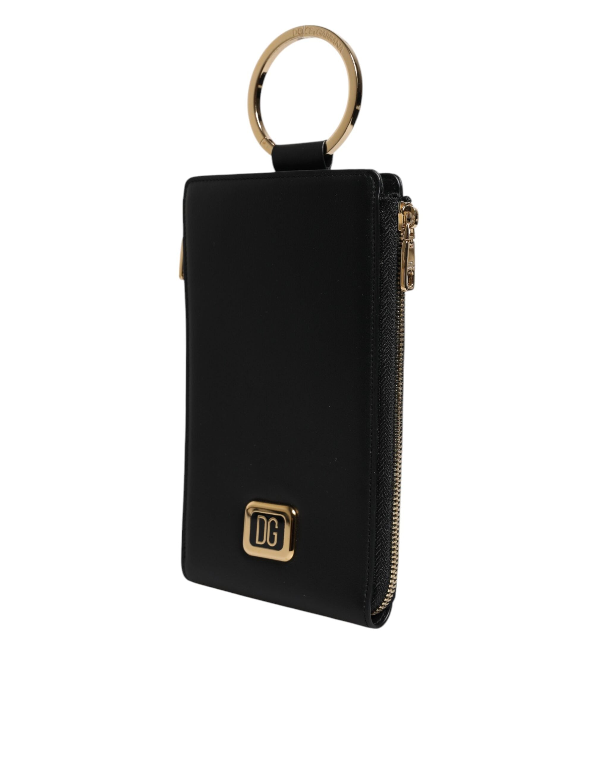 Dolce & Gabbana Leather Logo Plaque Neck Strap Card Coin Black Wallet