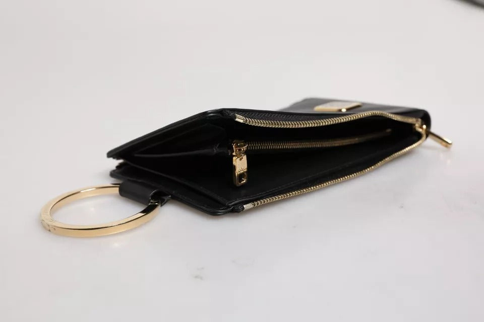 Dolce & Gabbana Leather Logo Plaque Neck Strap Card Coin Black Wallet