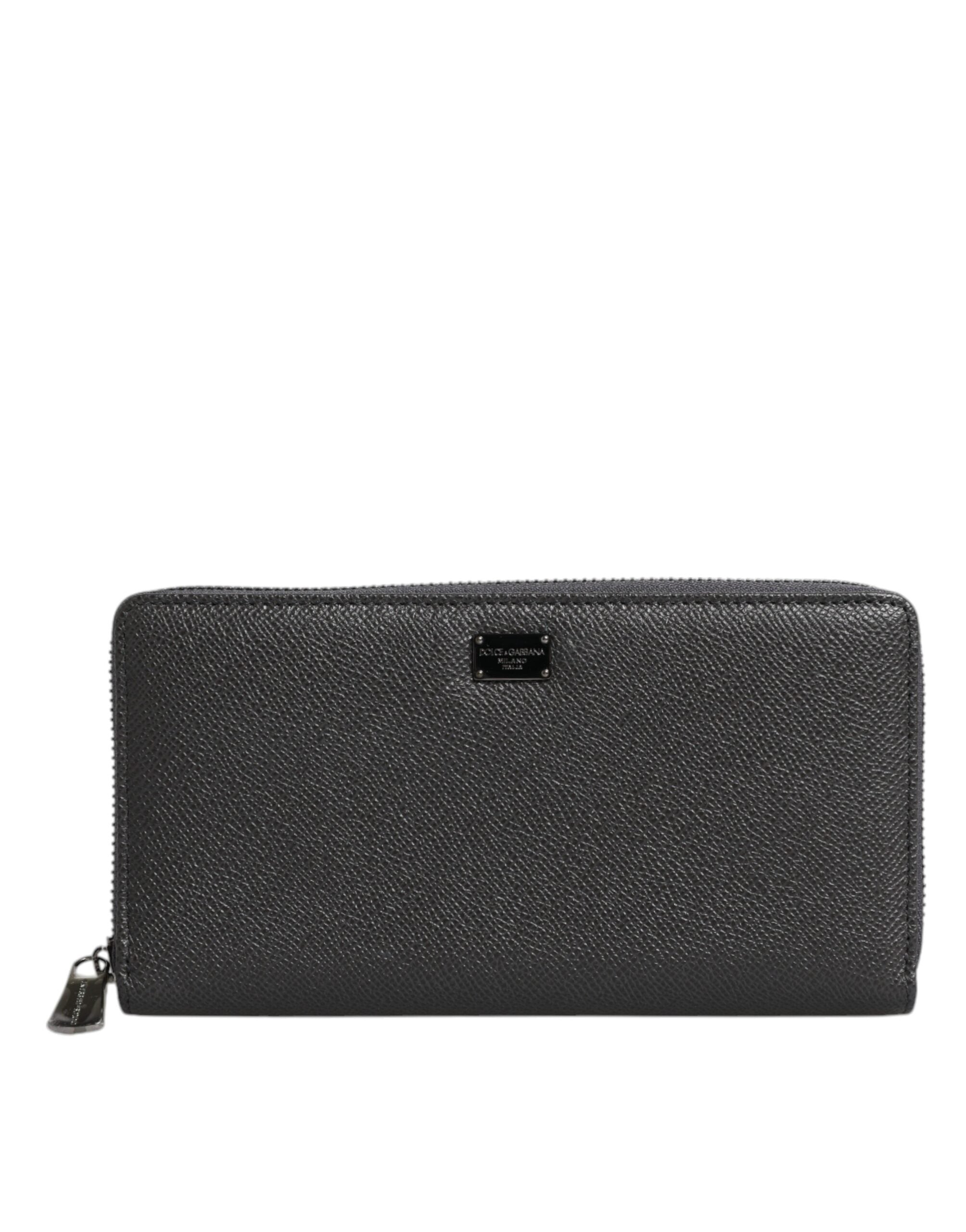 Dolce & Gabbana Dark Leather Dg Logo Zip Around Continental Gray Wallet
