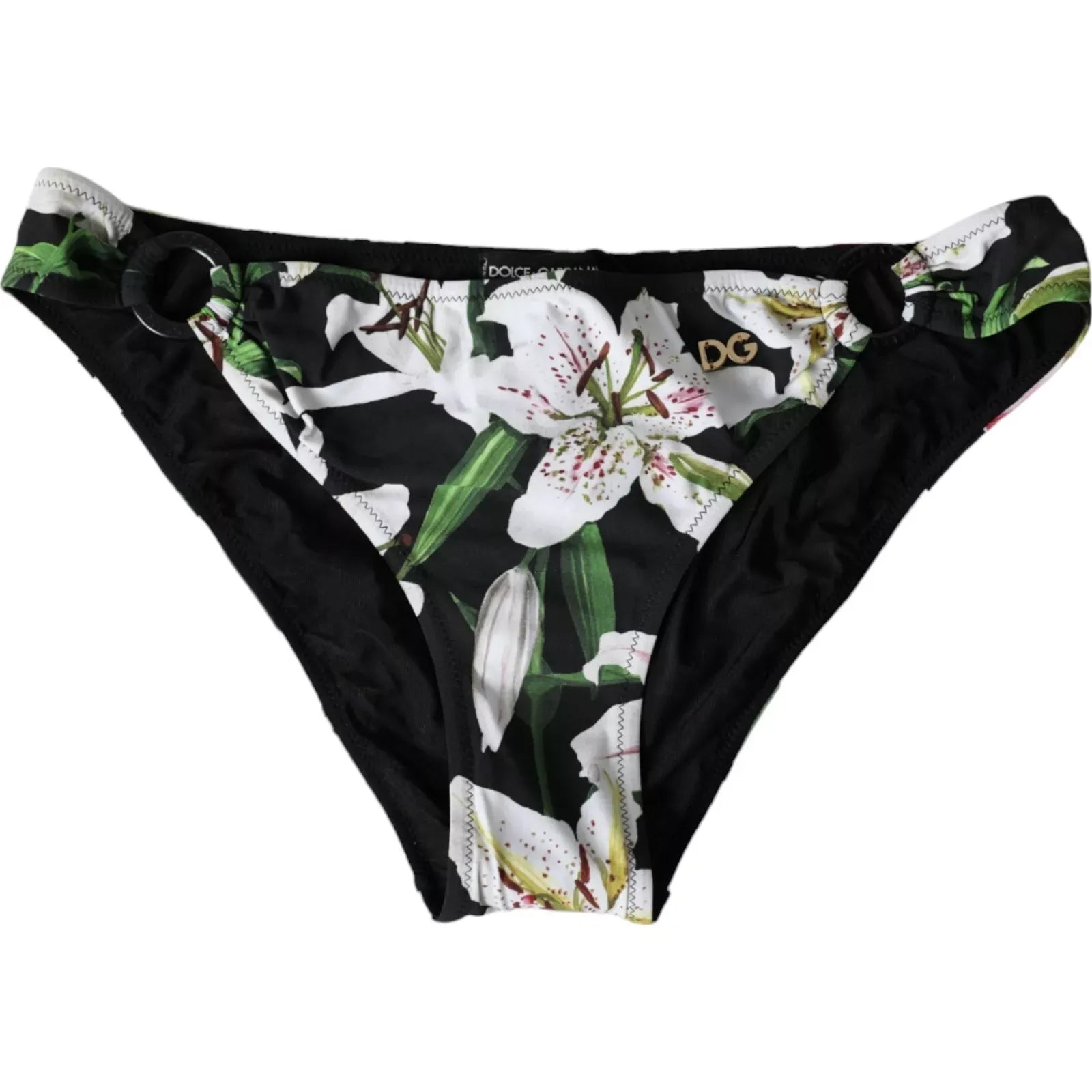 Dolce & Gabbana Lily Print Swimwear Bottom Beachwear Black Bikini