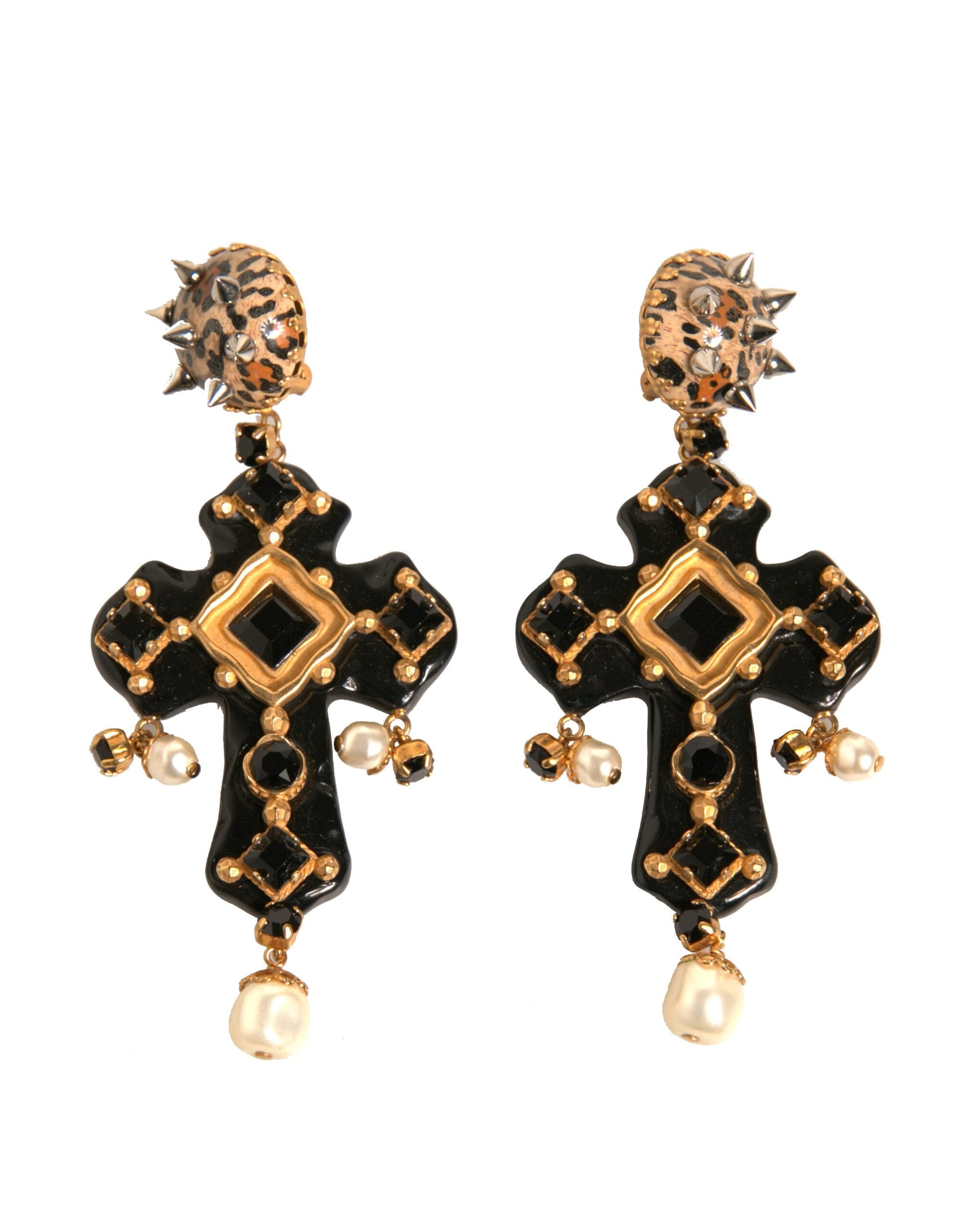 Dolce & Gabbana Crystal Cross Crystal Embellished Clip On Black Gold Earrings
