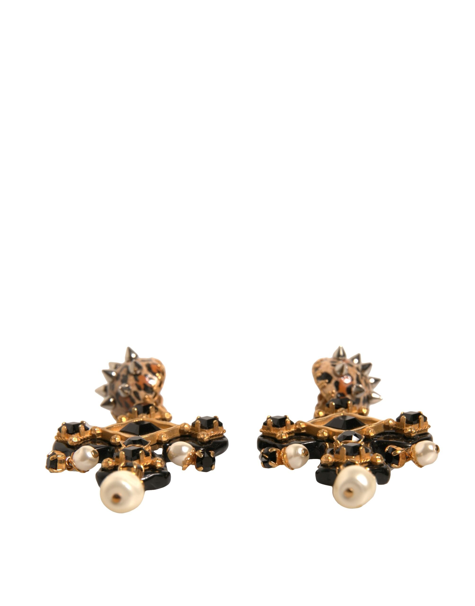 Dolce & Gabbana Crystal Cross Crystal Embellished Clip On Black Gold Earrings