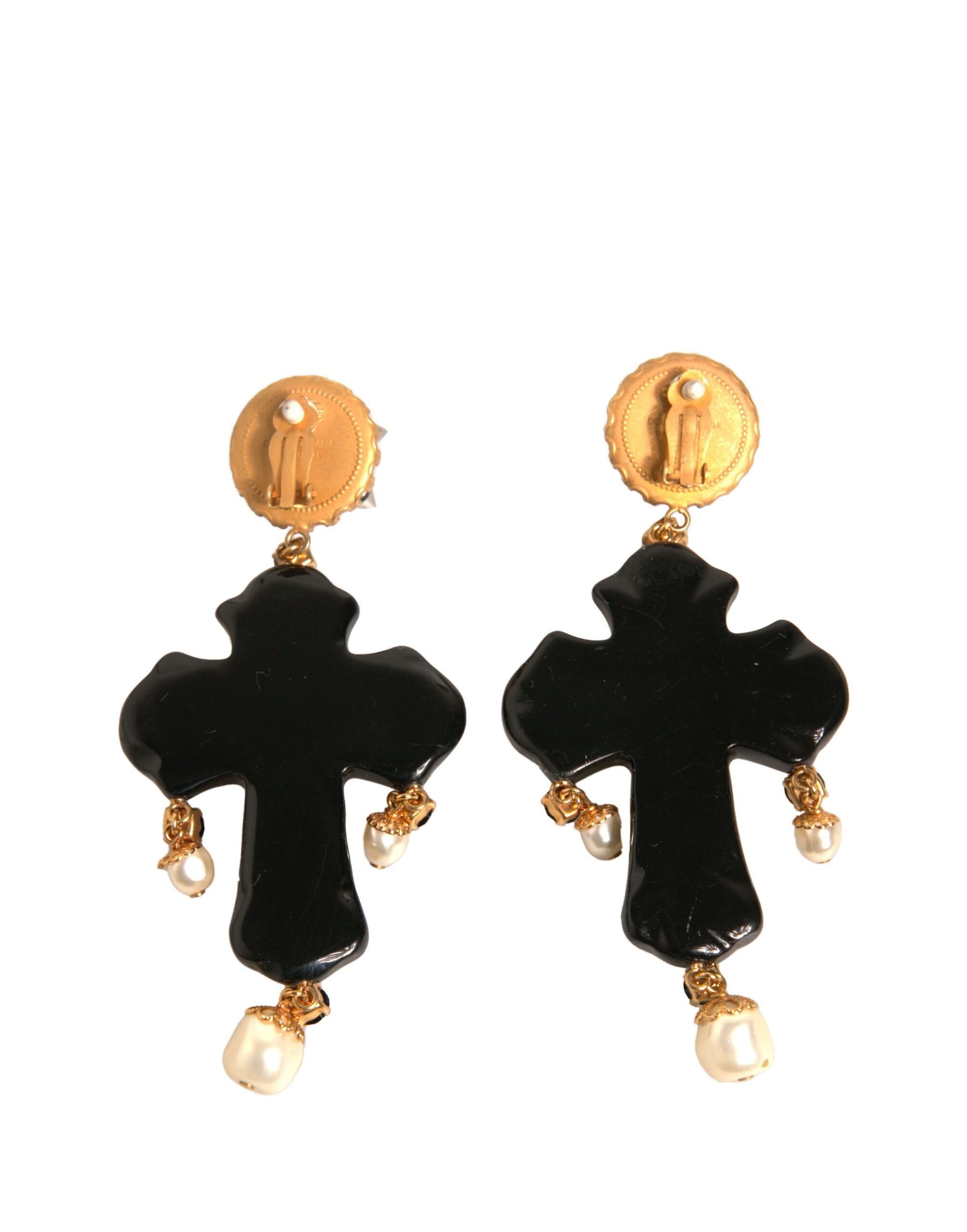 Dolce & Gabbana Crystal Cross Crystal Embellished Clip On Black Gold Earrings