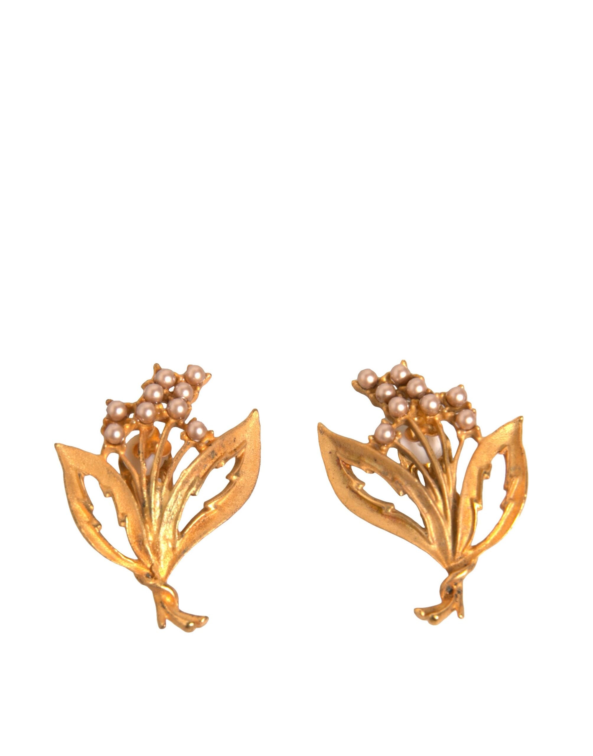 Dolce & Gabbana Tone Brass Lily Of The Valley Pearl Clip On Gold Earrings