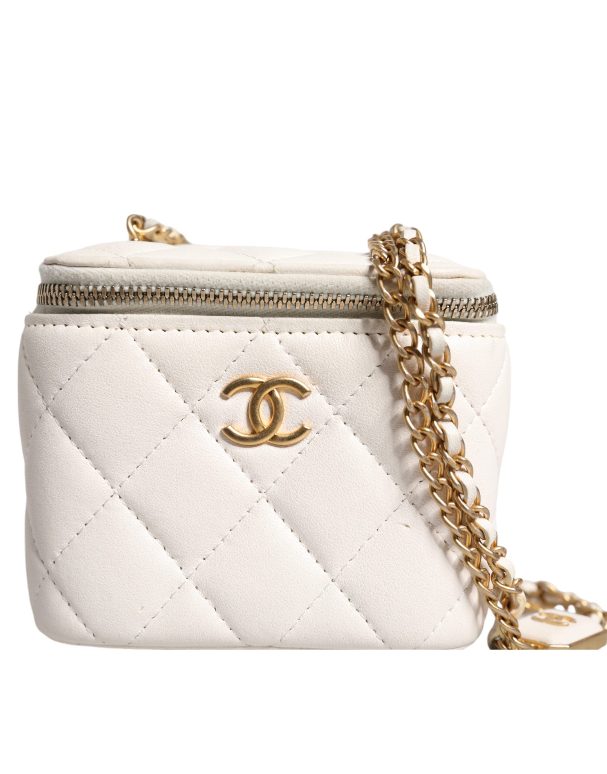 Chanel Matelasse Lambskin Chain Shoulder Vanity White Gold Mirror