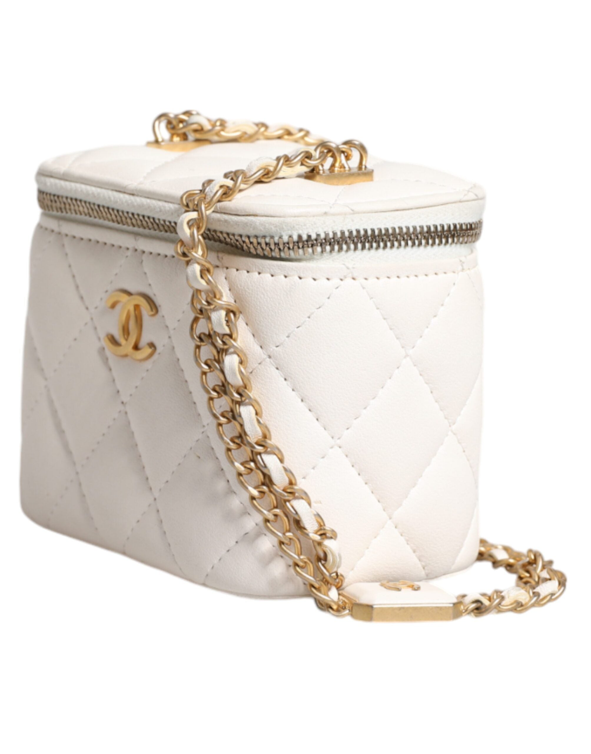 Chanel Matelasse Lambskin Chain Shoulder Vanity White Gold Mirror