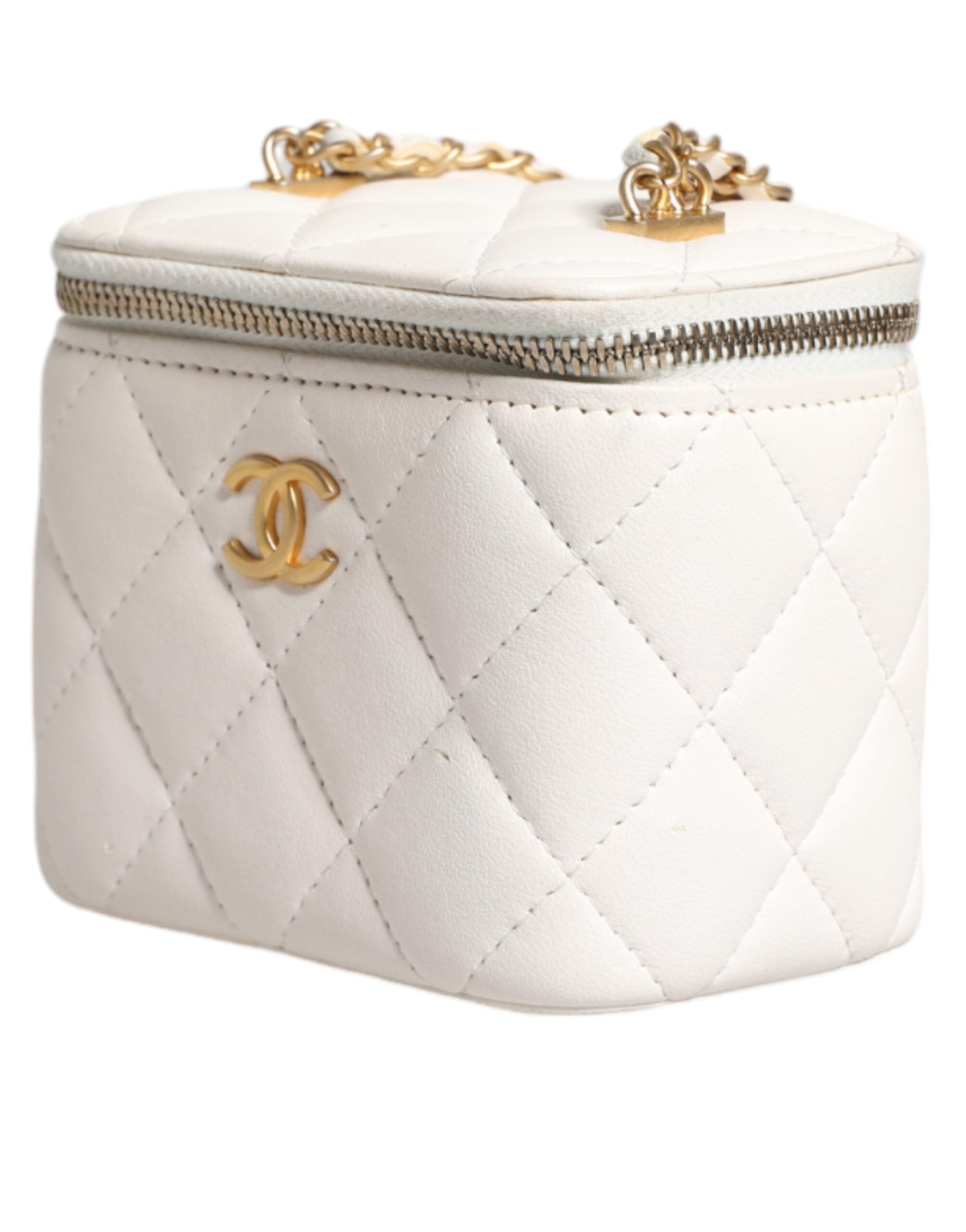 Chanel Matelasse Lambskin Chain Shoulder Vanity White Gold Mirror