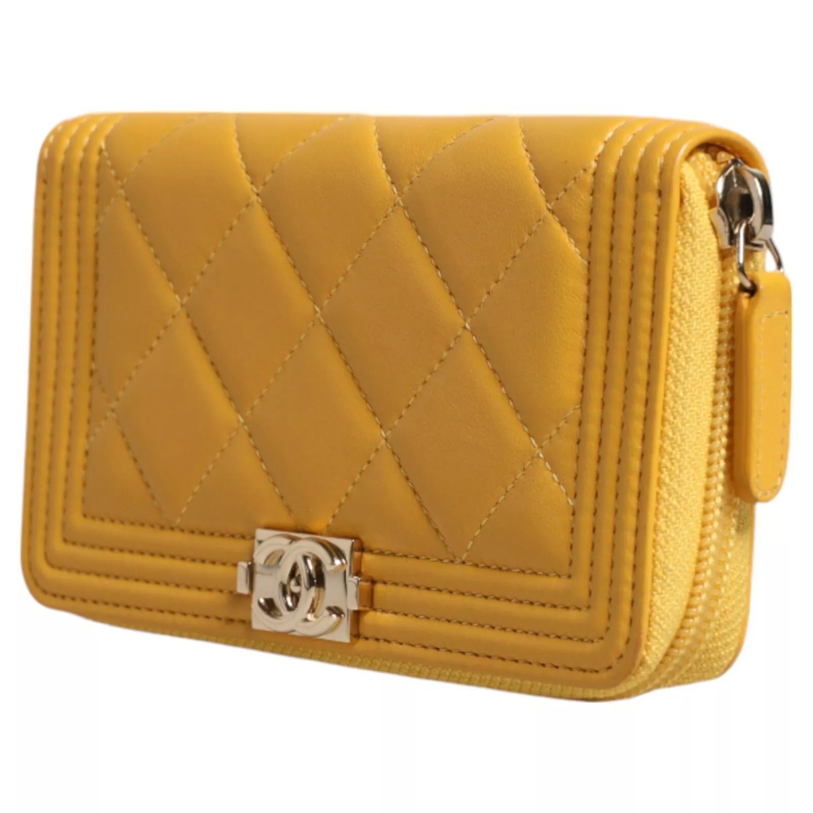 Chanel Quilted Leather Cc Logo Continental Zip Yellow Wallet