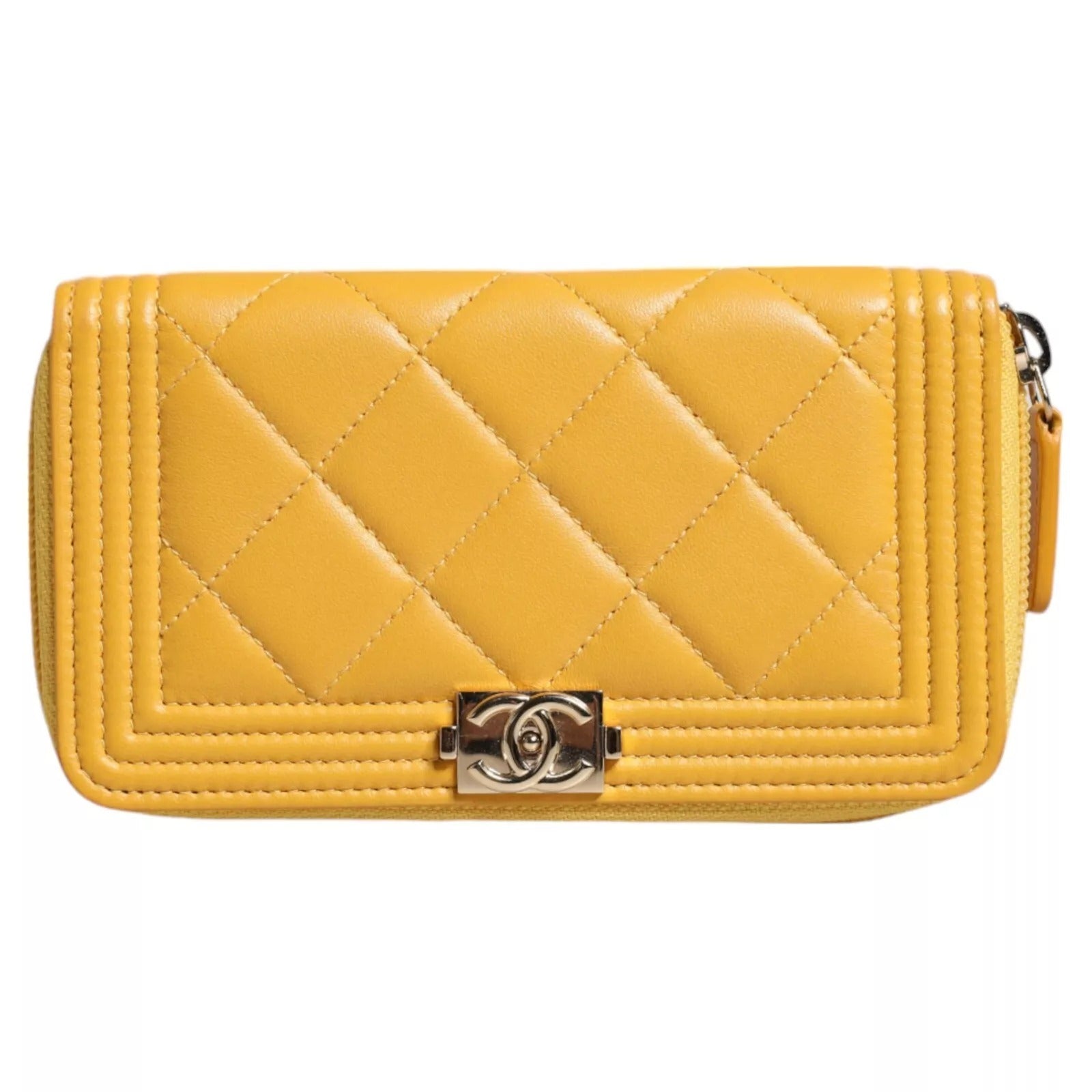 Chanel Quilted Leather Cc Logo Continental Zip Yellow Wallet