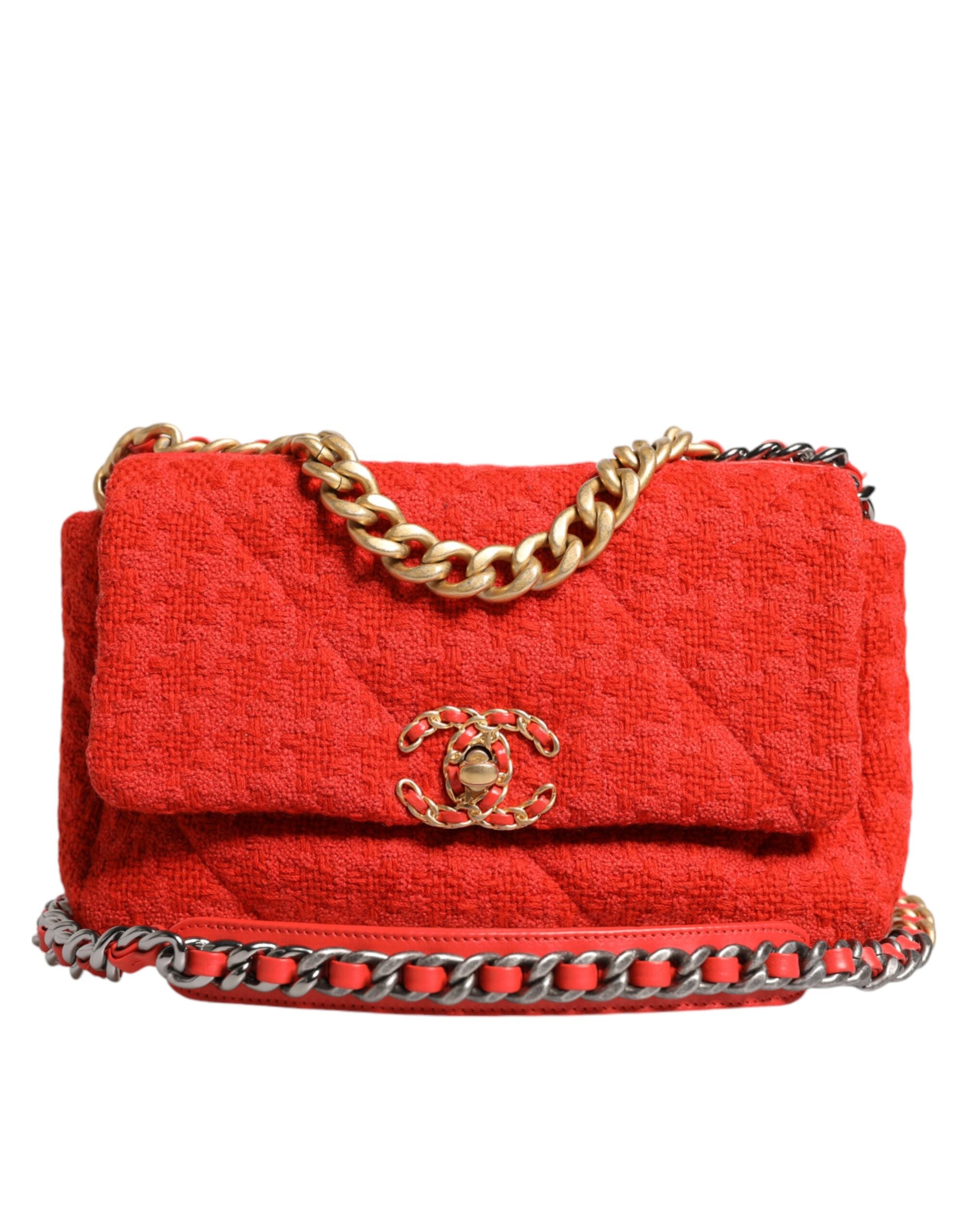 Chanel Tweed 2Way Hand Chain Medium Shoulder Bag Red Purse
