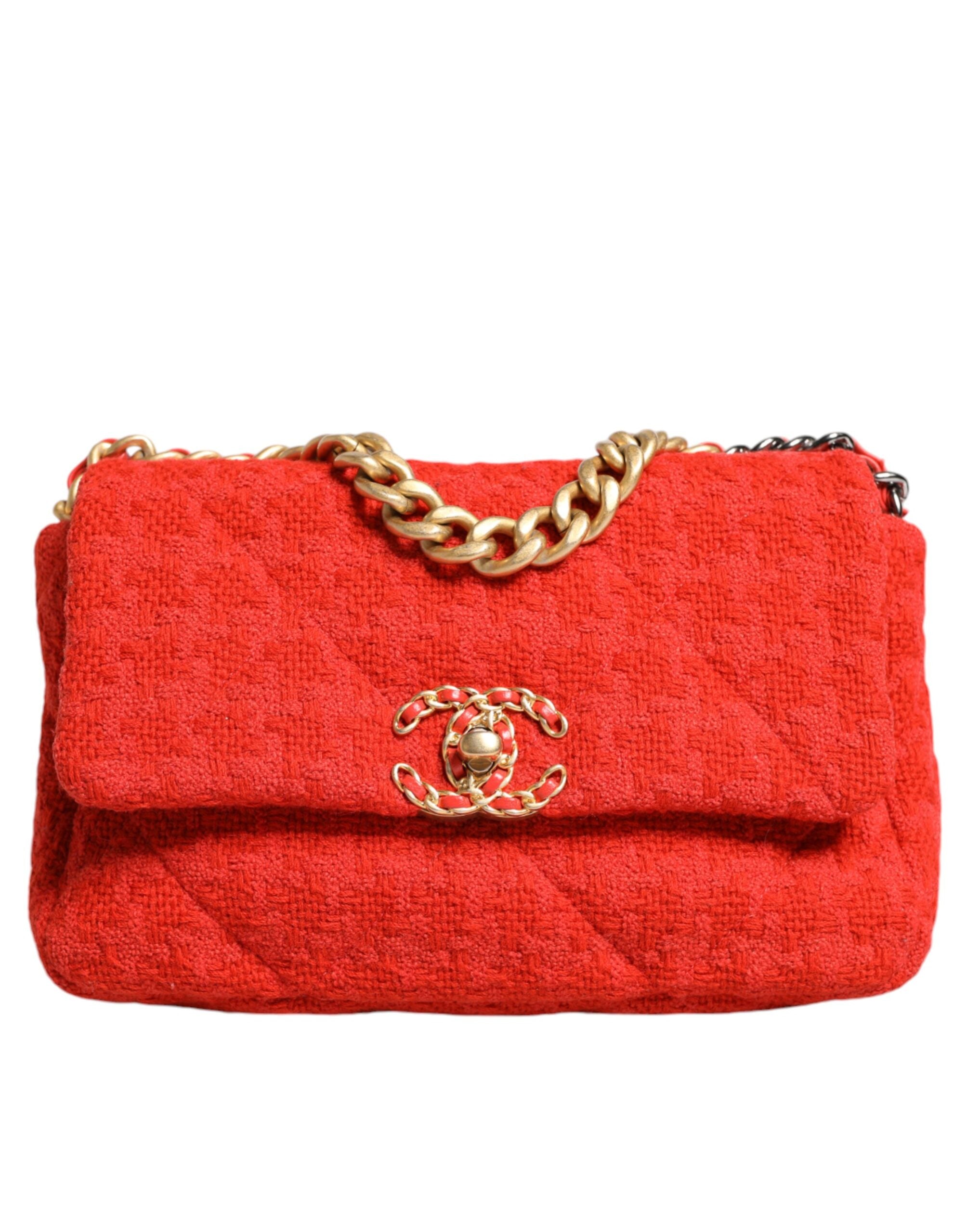 Chanel Tweed 2Way Hand Chain Medium Shoulder Bag Red Purse