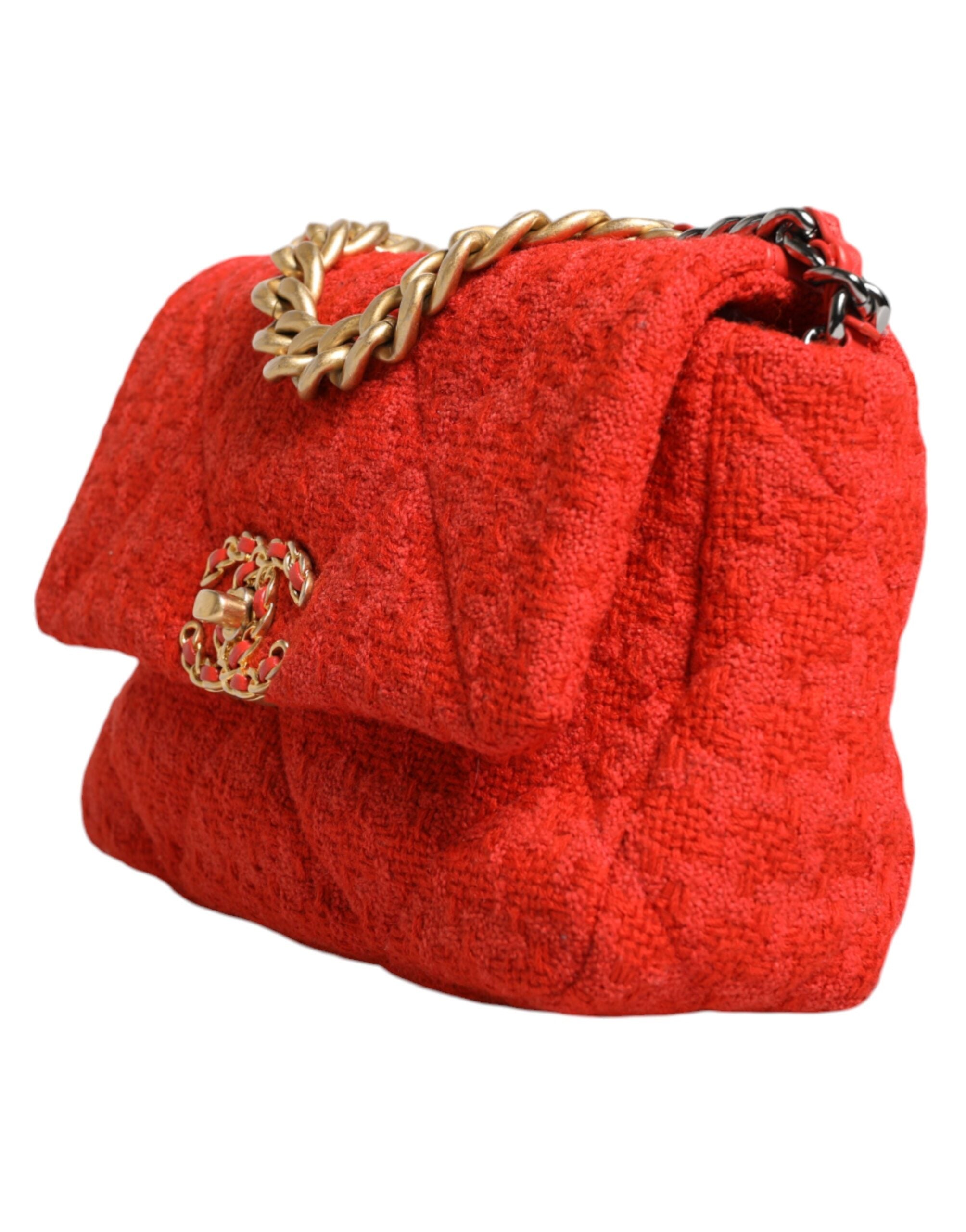Chanel Tweed 2Way Hand Chain Medium Shoulder Bag Red Purse