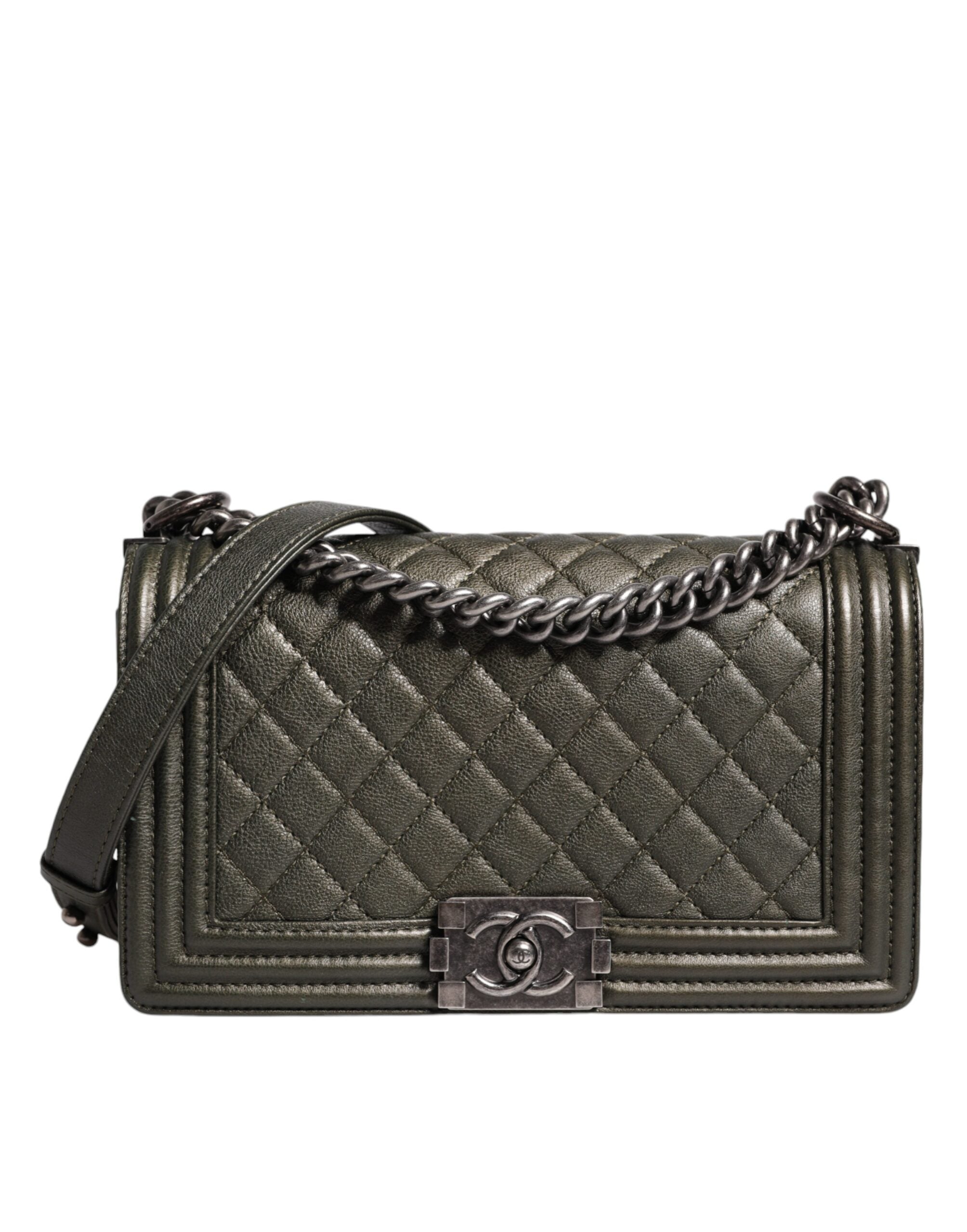 Chanel Dark Leather Shoulder Bag Metal Purse Green Gray Bag