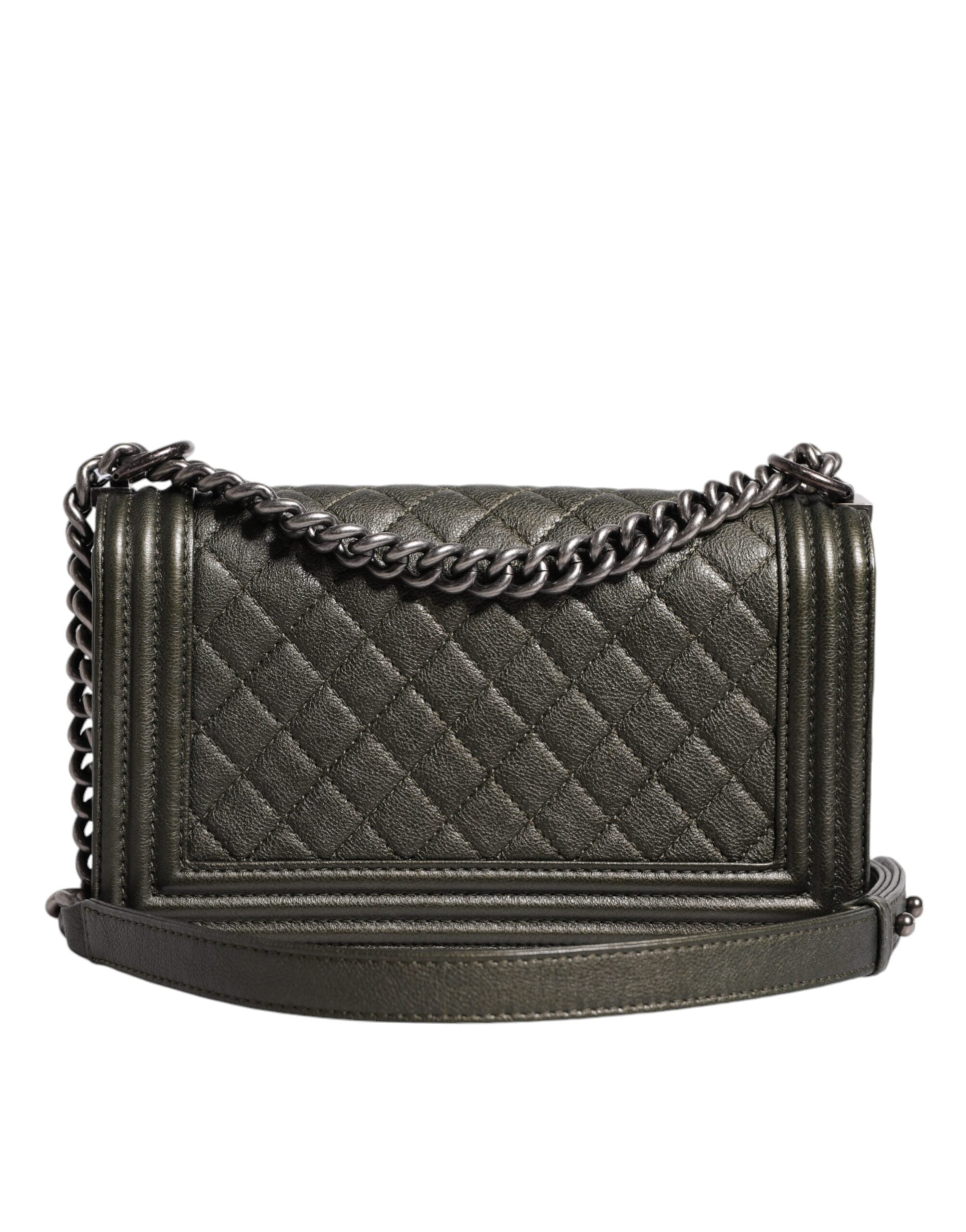 Chanel Dark Leather Shoulder Bag Metal Purse Green Gray Bag