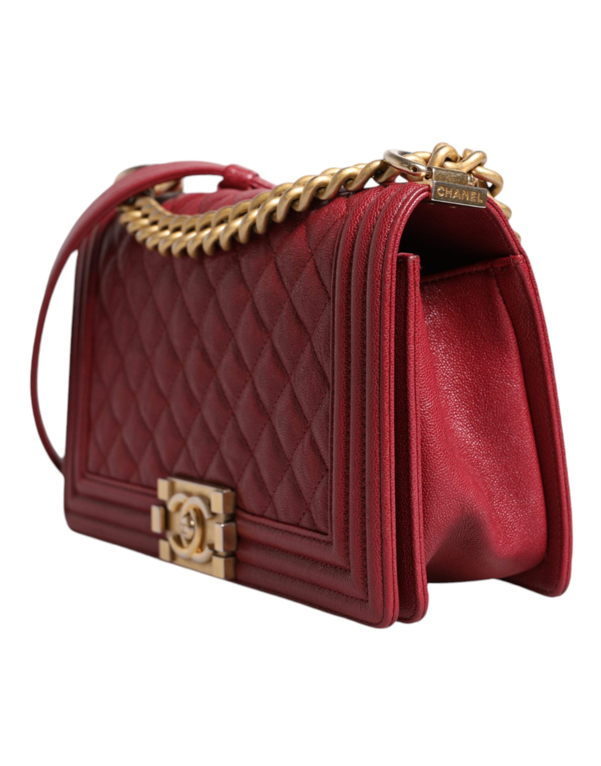 Chanel Leather Lambskin Double Chain Medium Shoulder Red Gold Bag