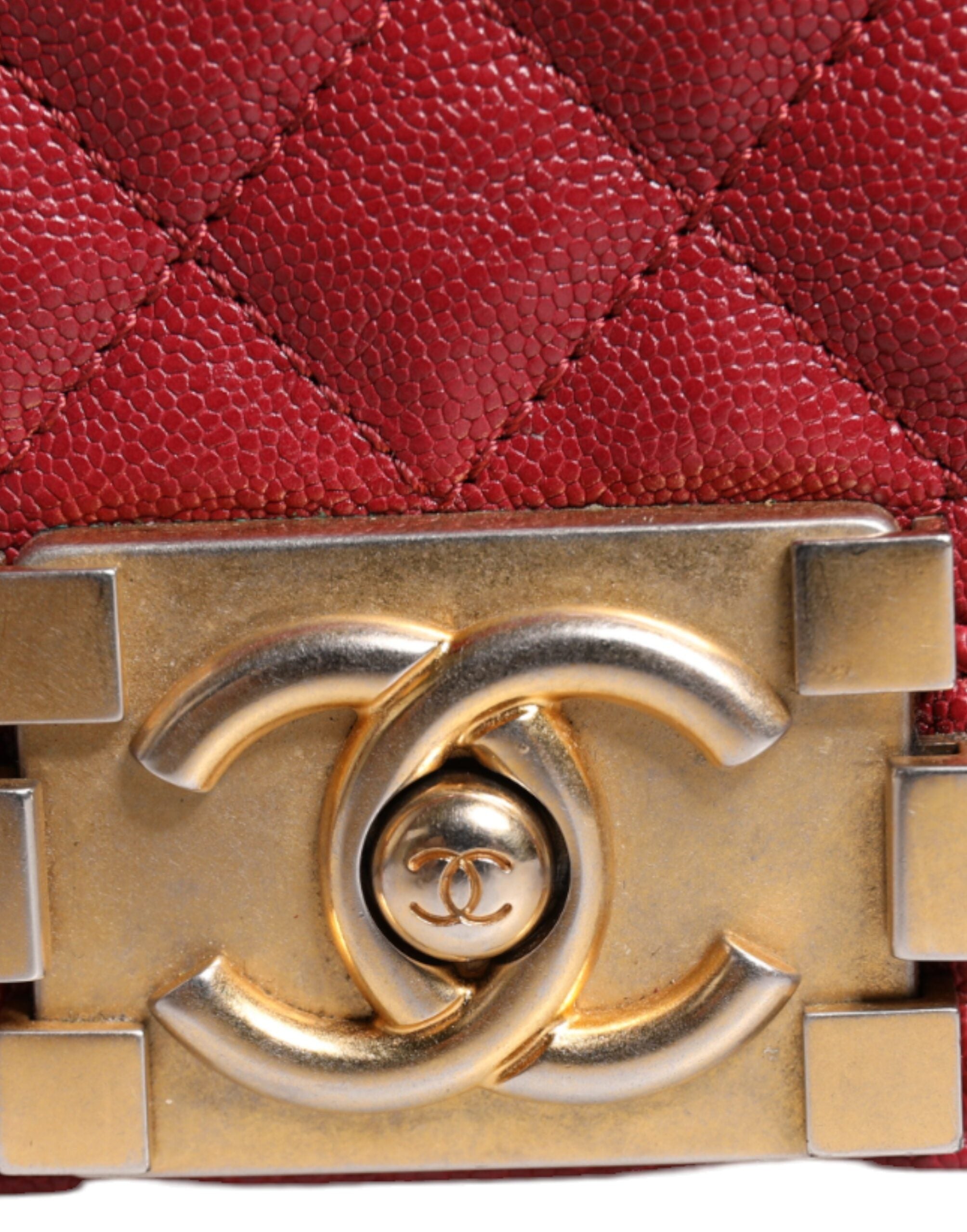 Chanel Leather Lambskin Double Chain Medium Shoulder Red Gold Bag