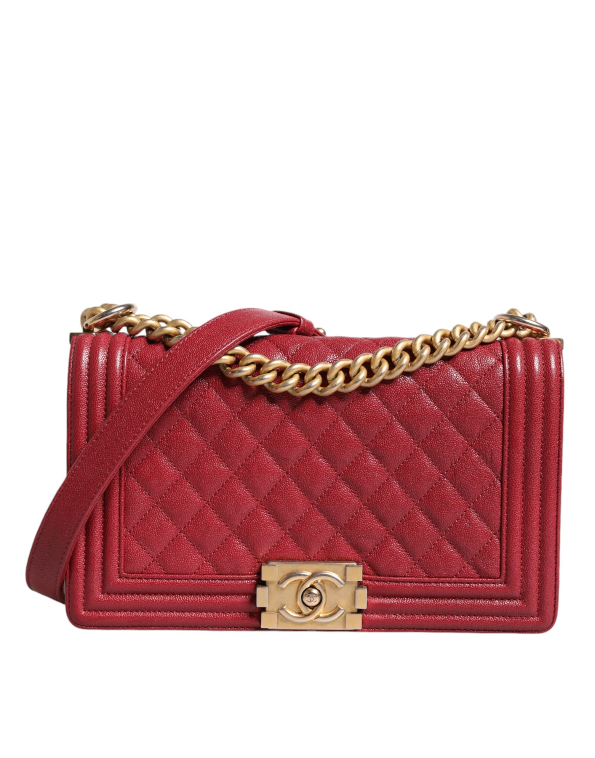 Chanel Leather Lambskin Double Chain Medium Shoulder Red Gold Bag