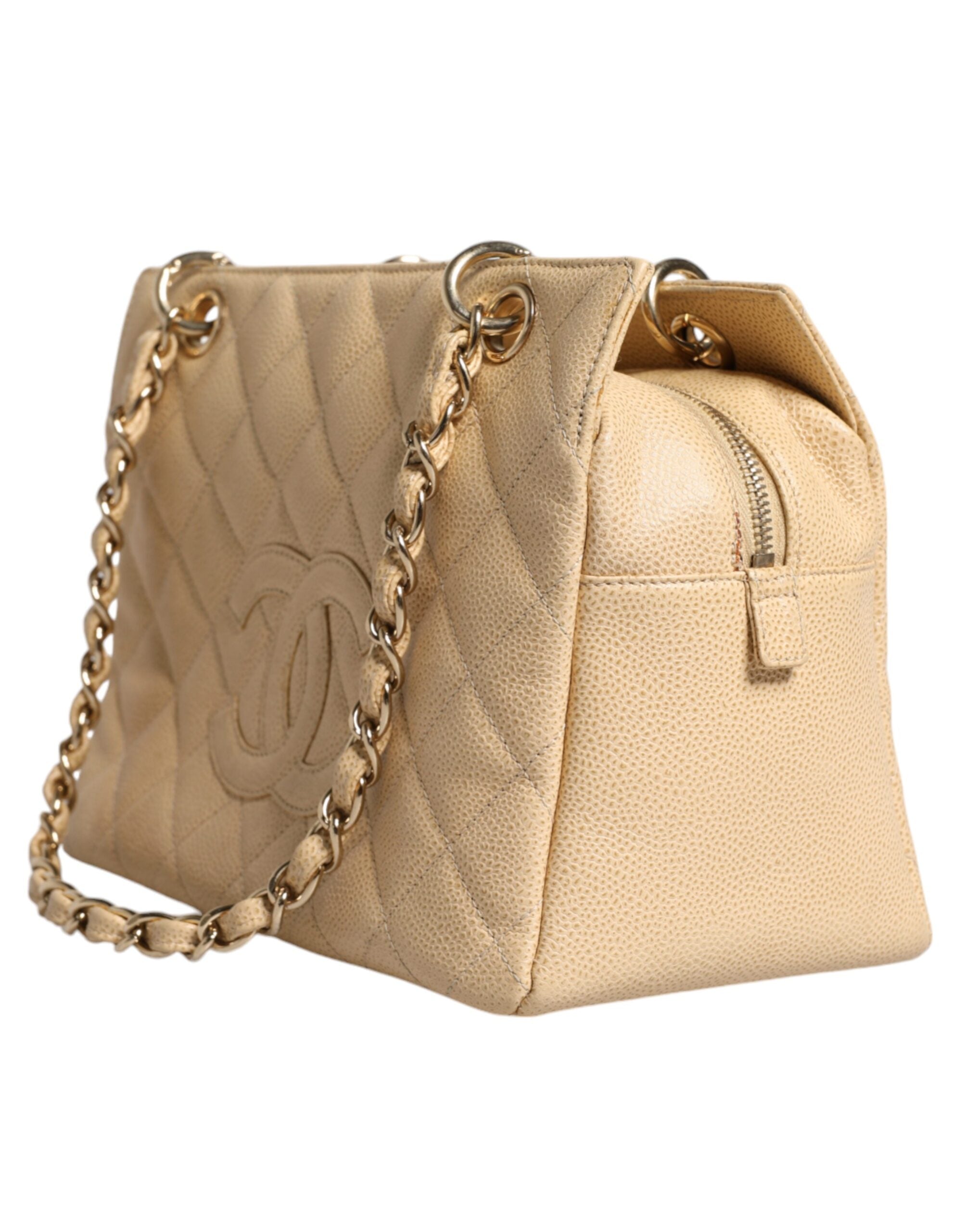 Chanel Caviar De Coco Chain Leather Purse Beige Bag