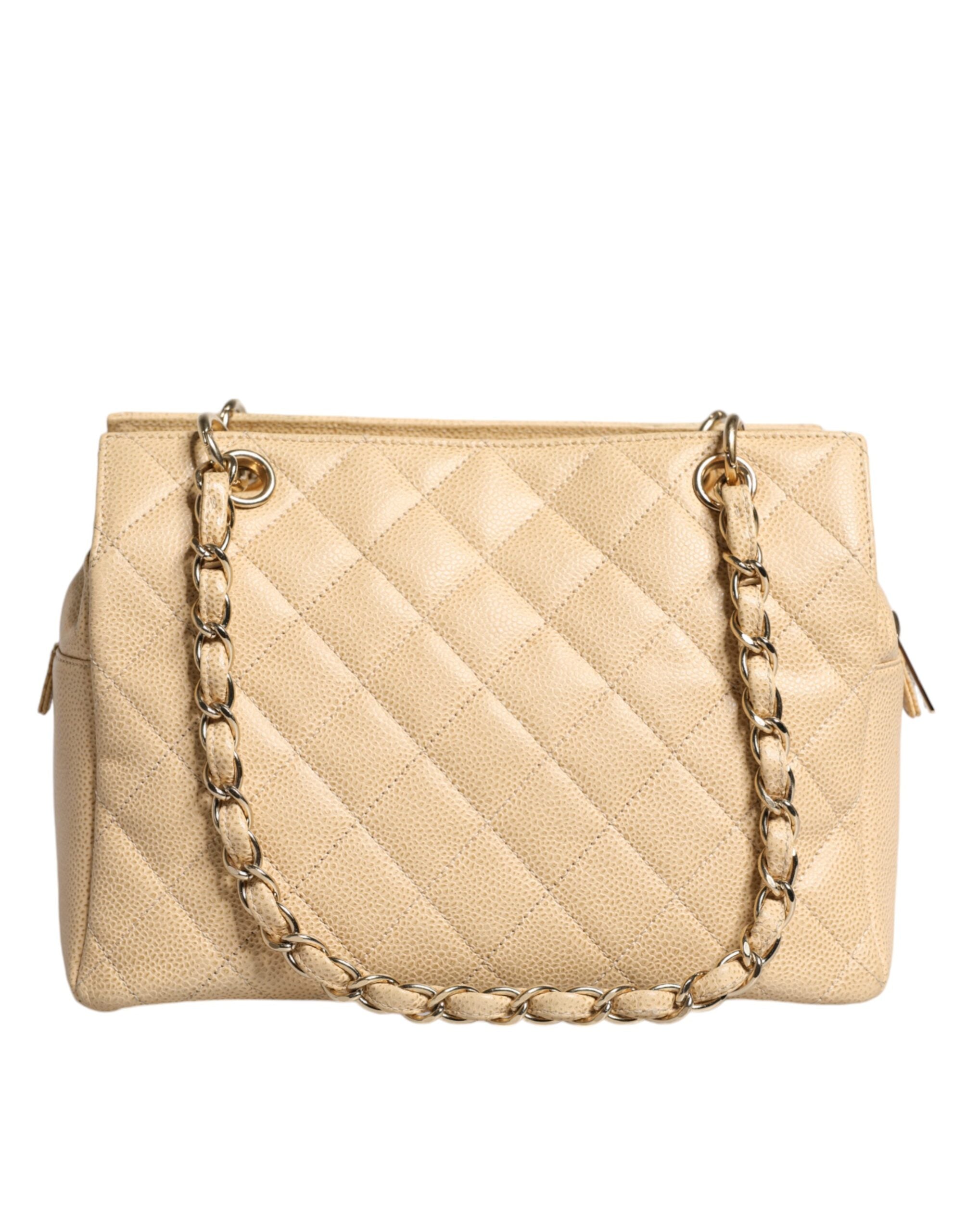 Chanel Caviar De Coco Chain Leather Purse Beige Bag