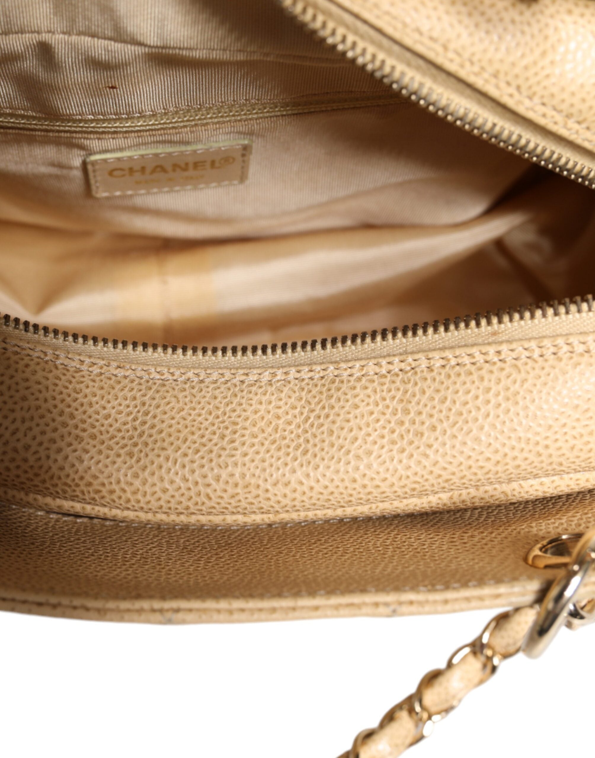Chanel Caviar De Coco Chain Leather Purse Beige Bag