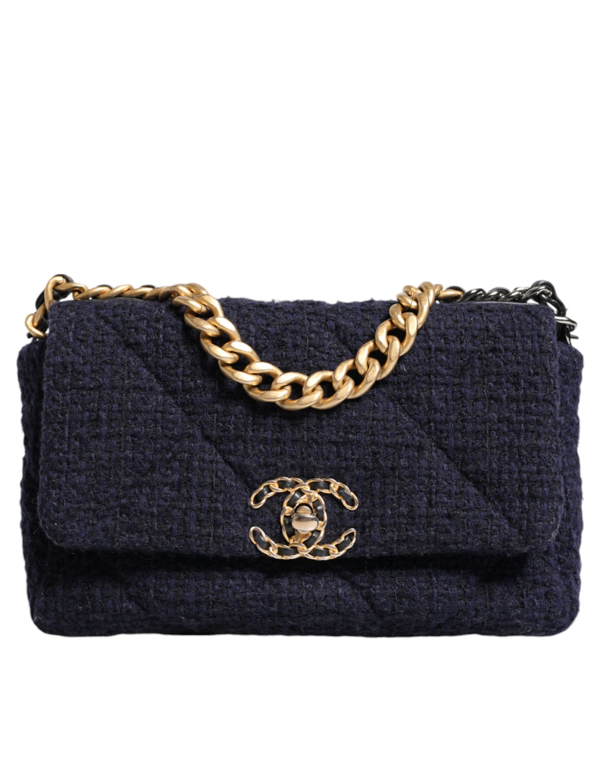 Chanel Dark Medium Flap Tweed Cc Chain Shoulder Blue Gold Gray Bag