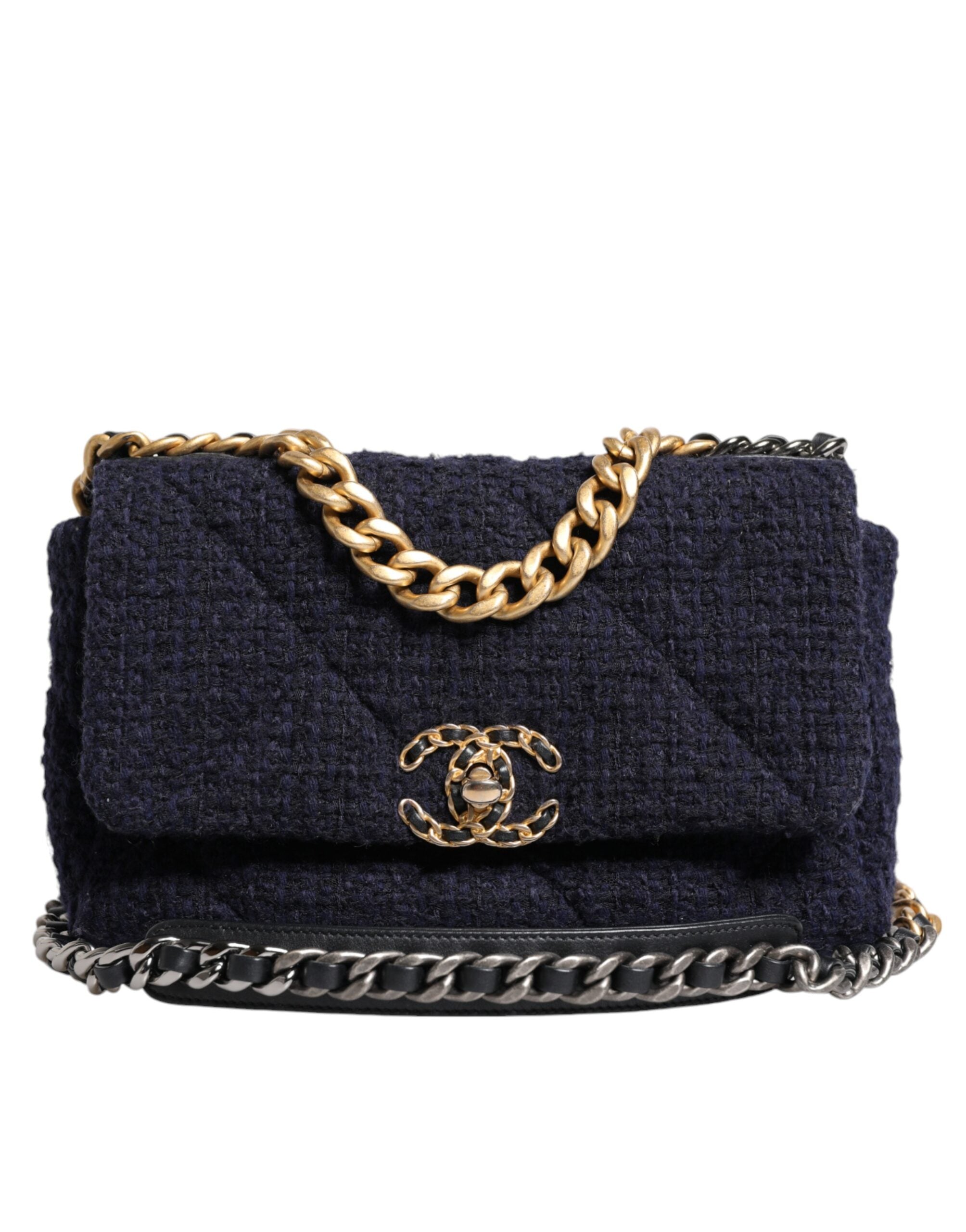 Chanel Dark Medium Flap Tweed Cc Chain Shoulder Blue Gold Gray Bag