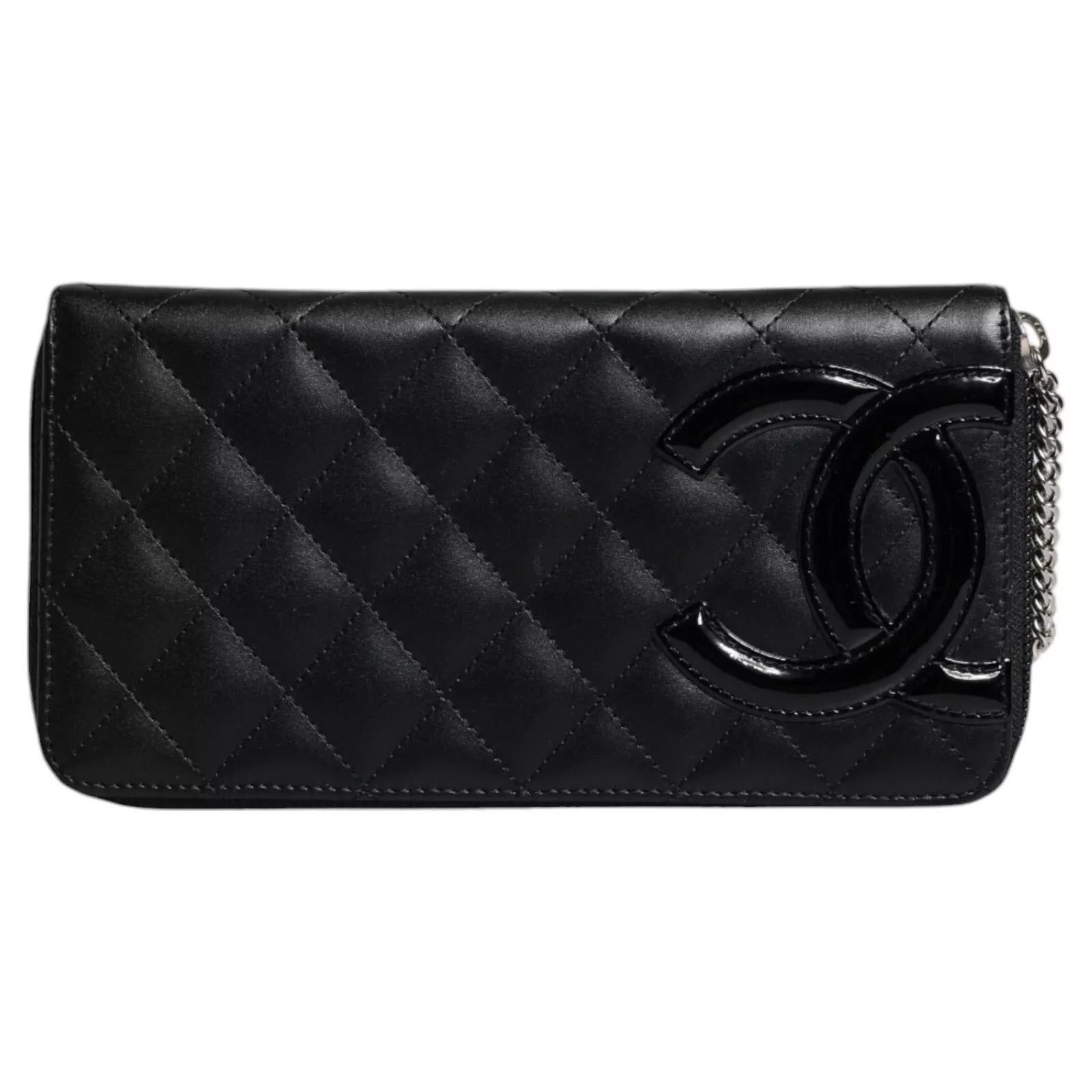 Chanel Quilted Leather Logo Cc Continental Zip Black Wallet
