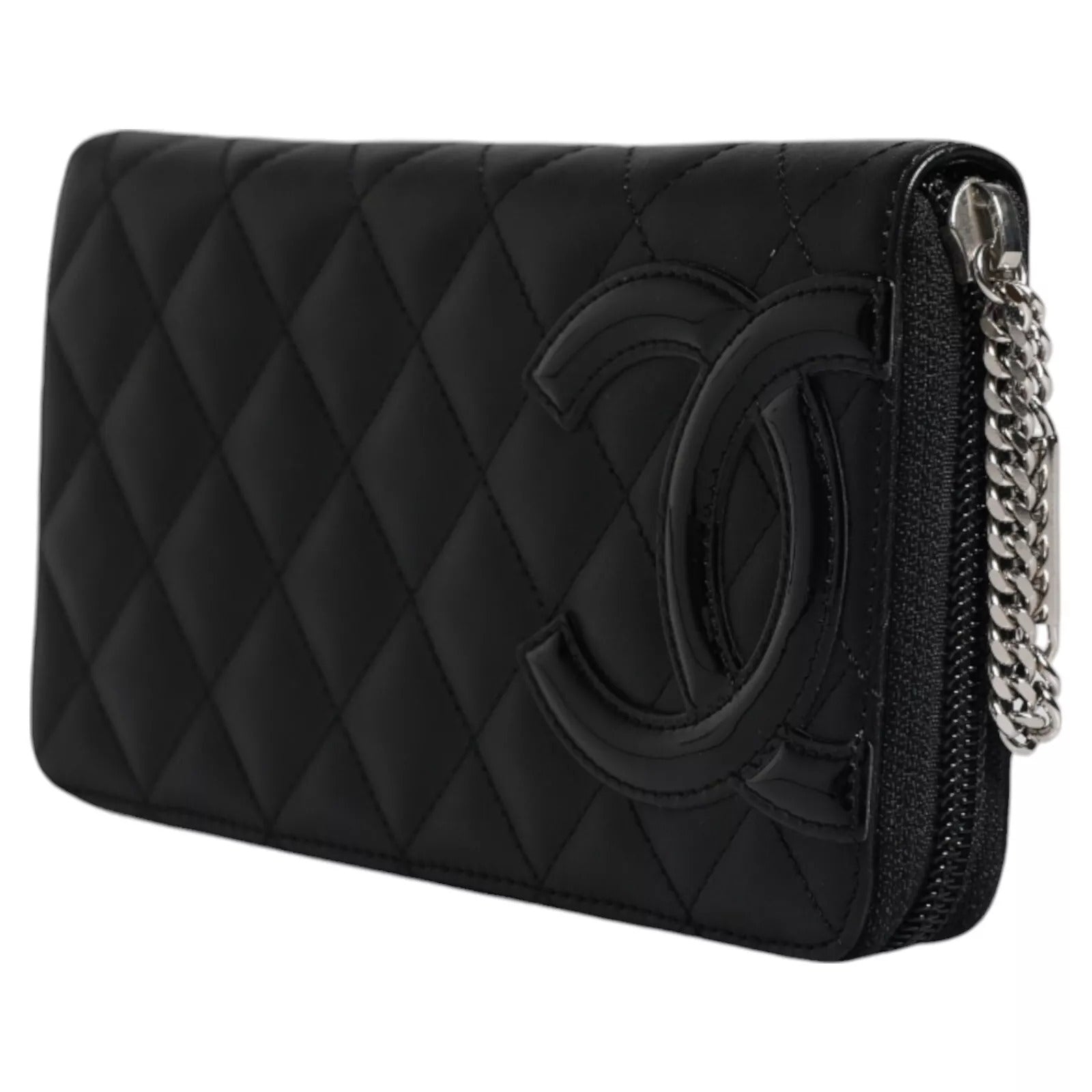 Chanel Quilted Leather Logo Cc Continental Zip Black Wallet