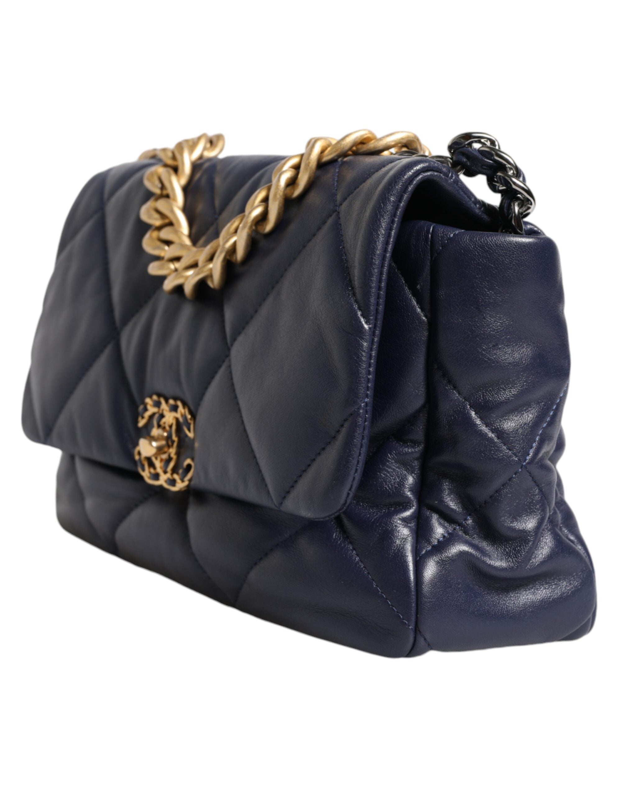Chanel Leather Large Quilted Chain Hand Shoulder Blue Bag