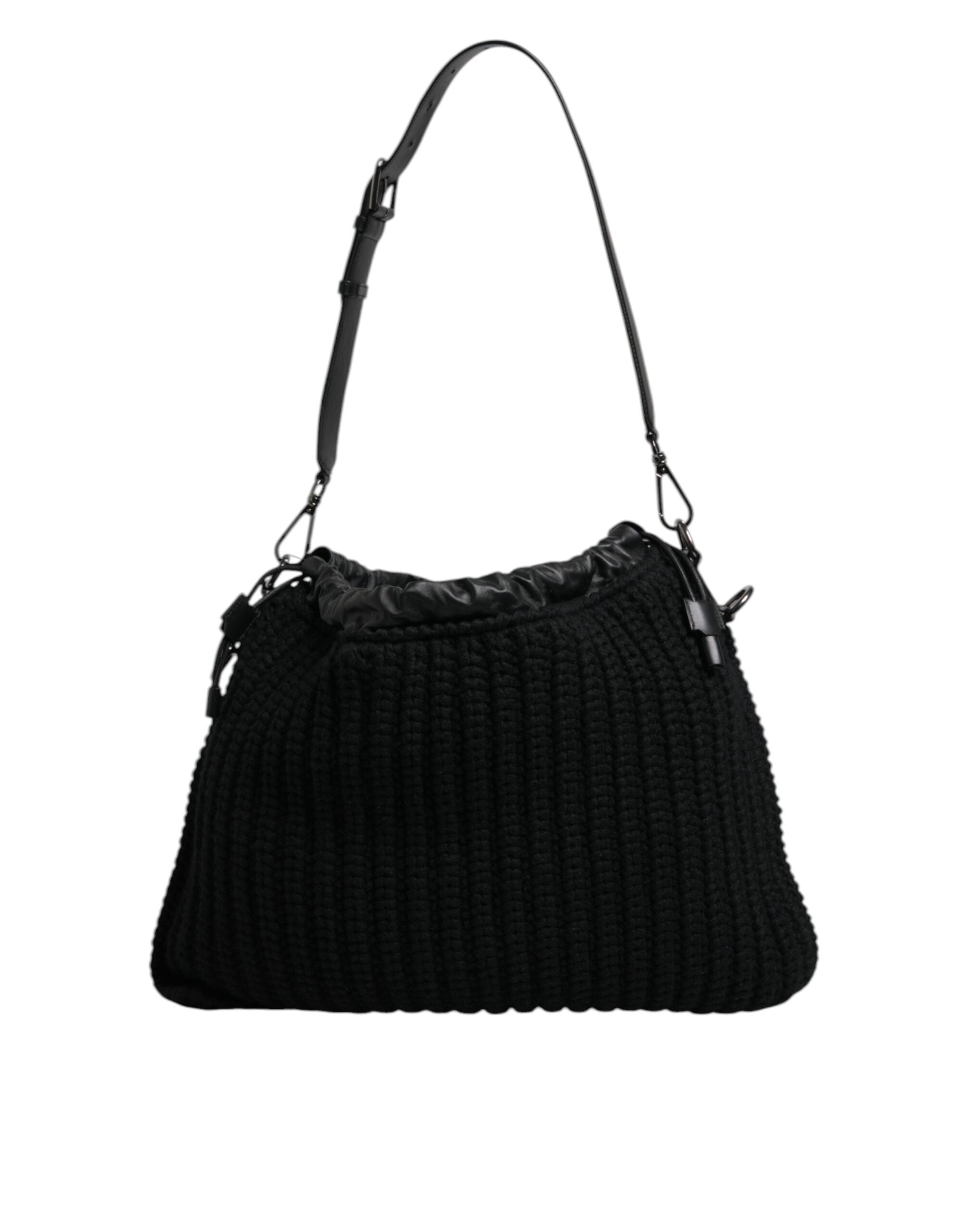 Dolce & Gabbana Cashmere Knitted Leather Shoulder Black Bag